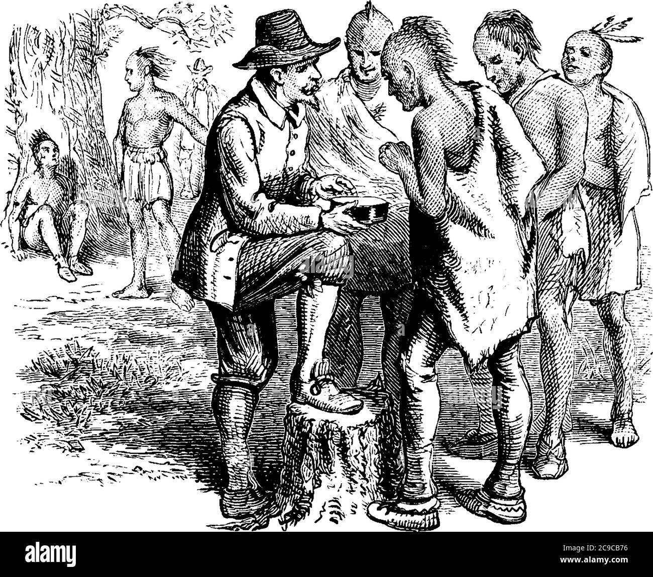 The picture depicts Smith showing compass to the Native Americans, vintage line drawing or engraving illustration Stock Vector