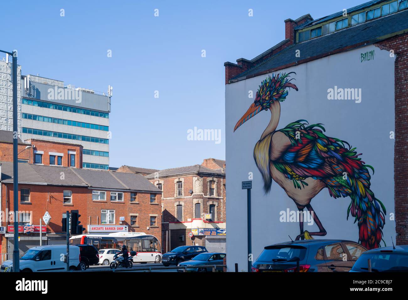 Street art - 'Guardian of Ancoats' painting by Brazilian artist Mateus Bailon: Ancoats, Manchester, UK Stock Photo