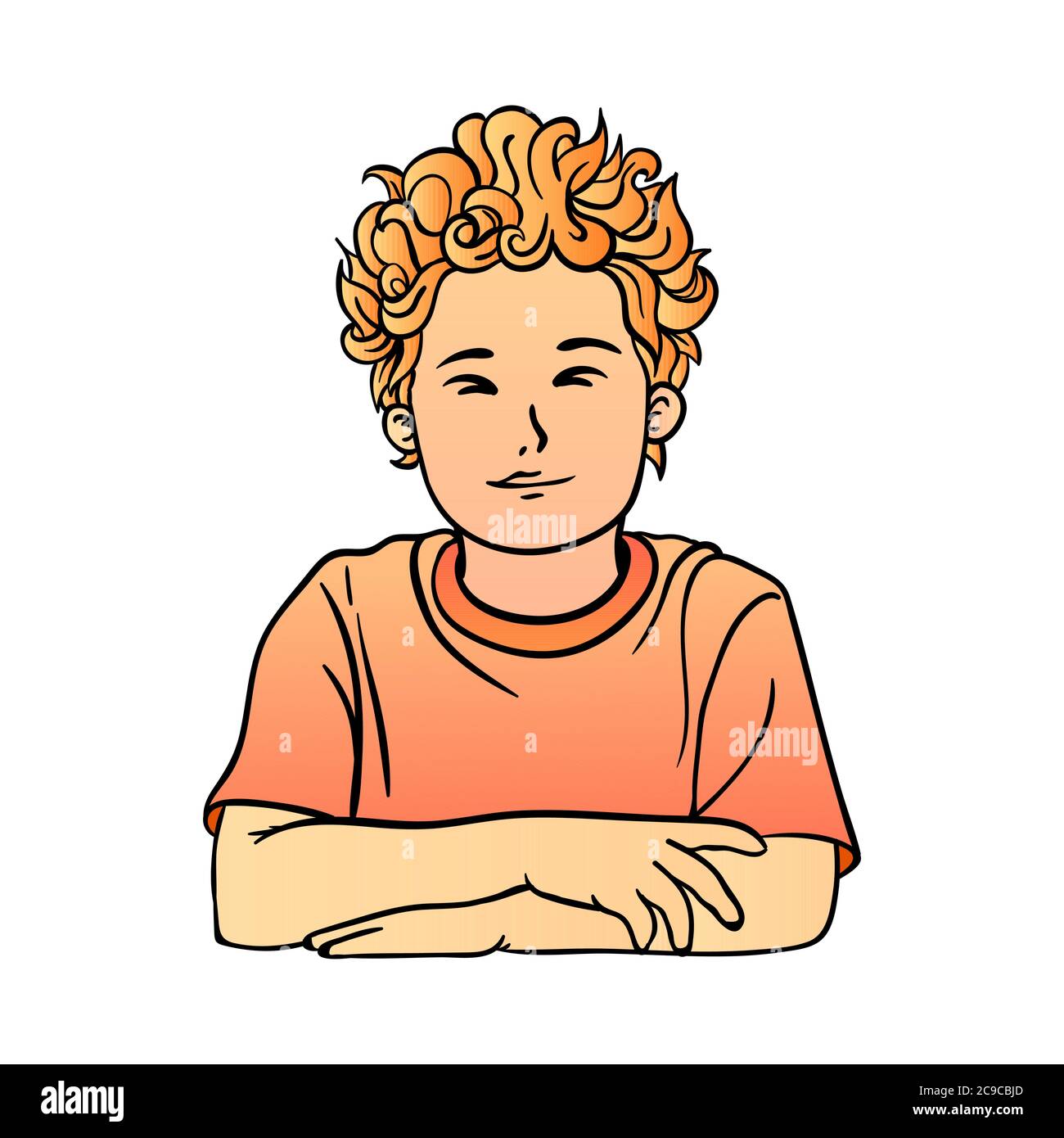 Picture of a red-haired boy sitting with his hands folded Stock Vector