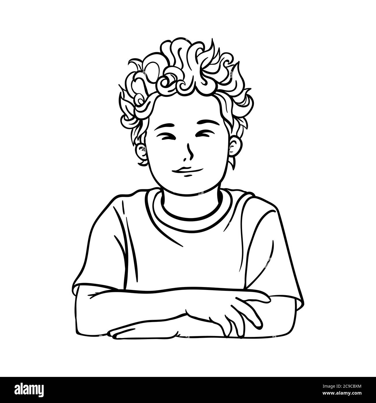 Contour picture of a boy, schoolboy with curly hair in a T-shirt Stock Vector