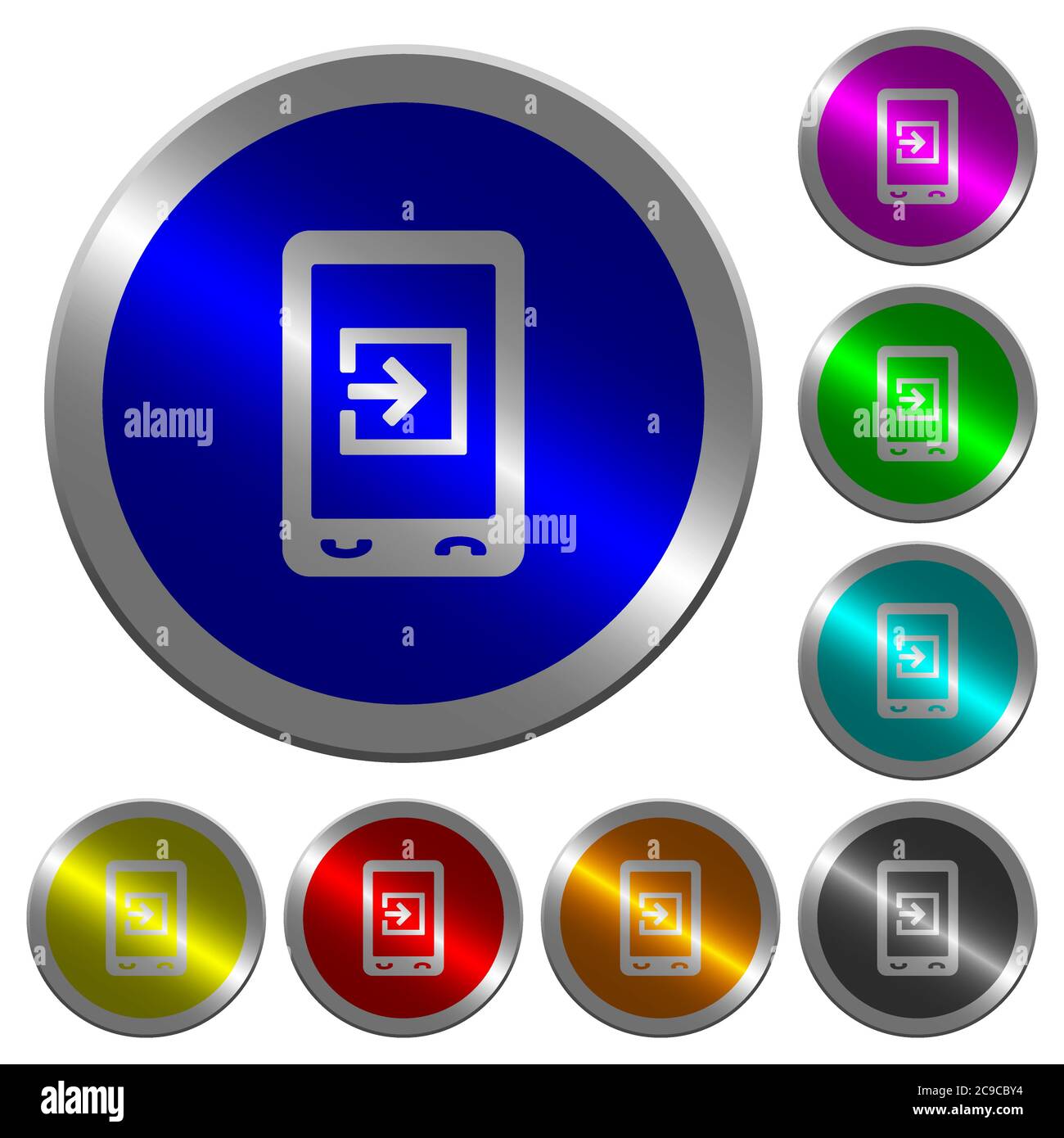 Mobile import data icons on round luminous coin-like color steel buttons Stock Vector