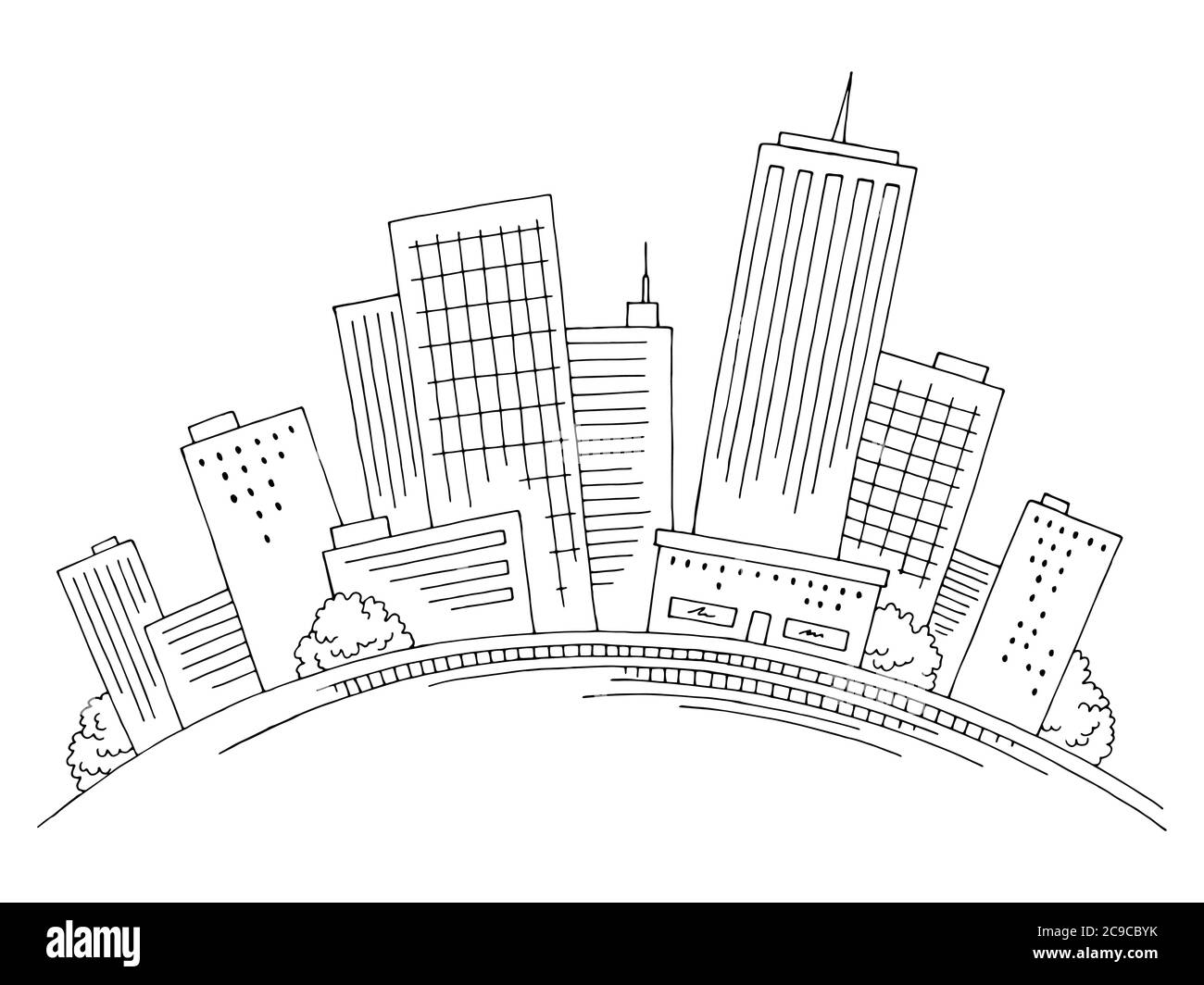 City on the hill graphic black white cityscape skyline sketch