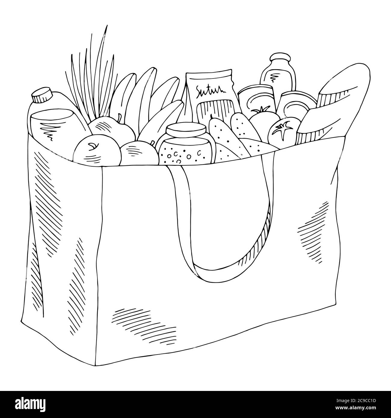Grocery bag graphic isolated black white sketch illustration vector Stock Vector