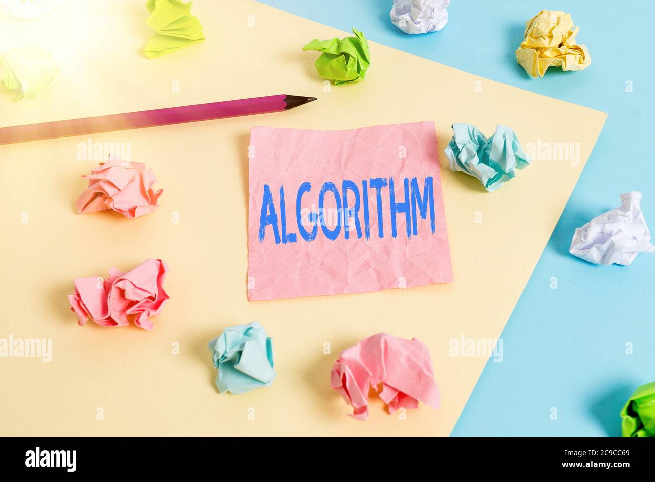 Conceptual hand writing showing Algorithm. Concept meaning procedure for solving a problem or accomplishing tasks etc. Colored crumpled papers empty r Stock Photo
