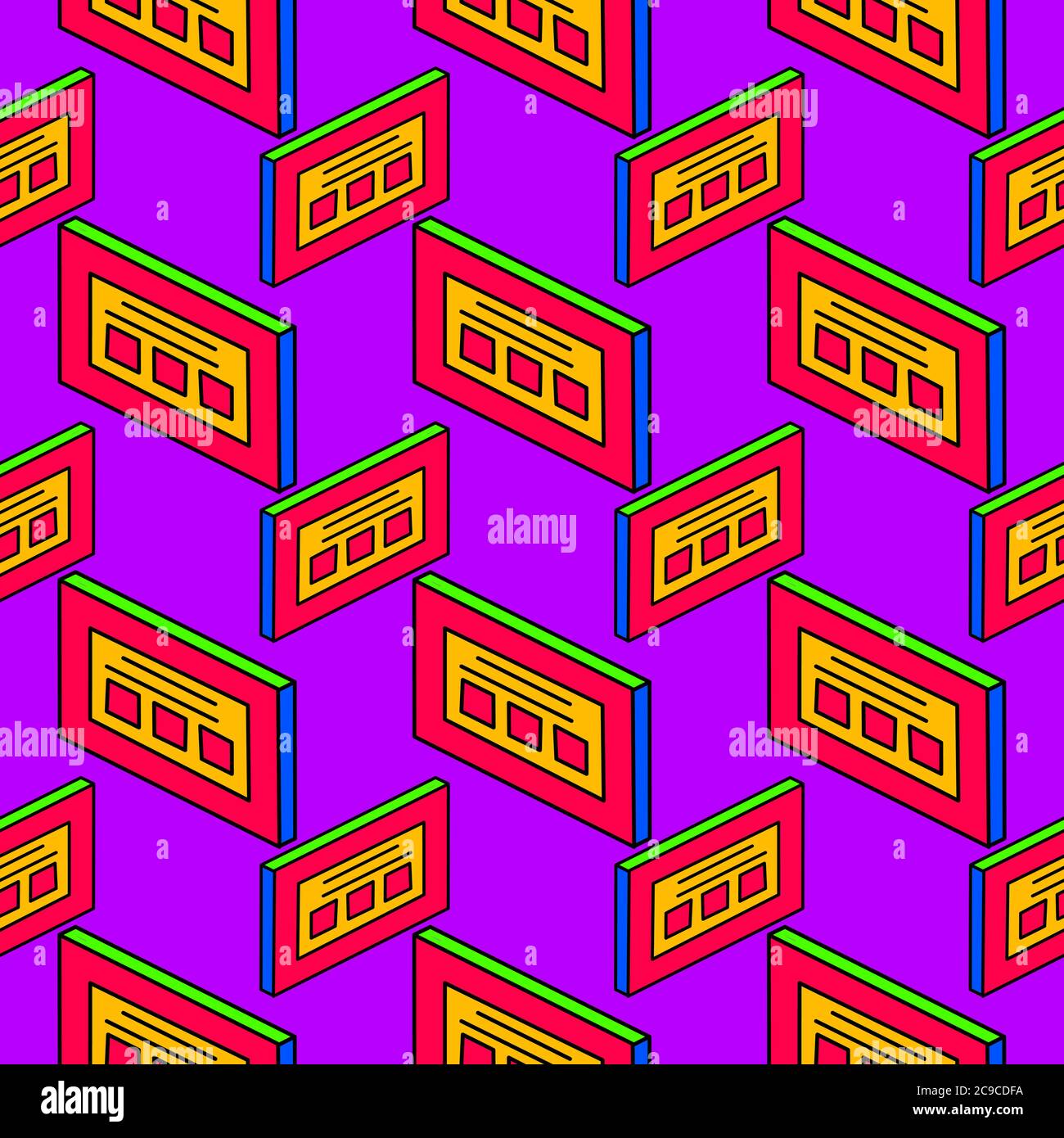 Orange kassette ,seamless pattern on purple background. Stock Vector