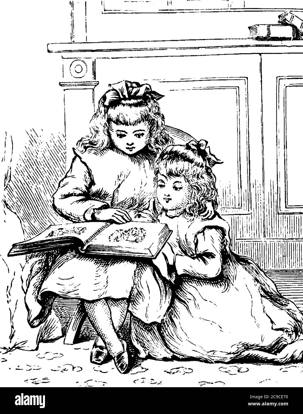A young girl sitting with her feet crossed next to a small girl, keenly admiring a book left opened, their New Year's gift, vintage line drawing or en Stock Vector