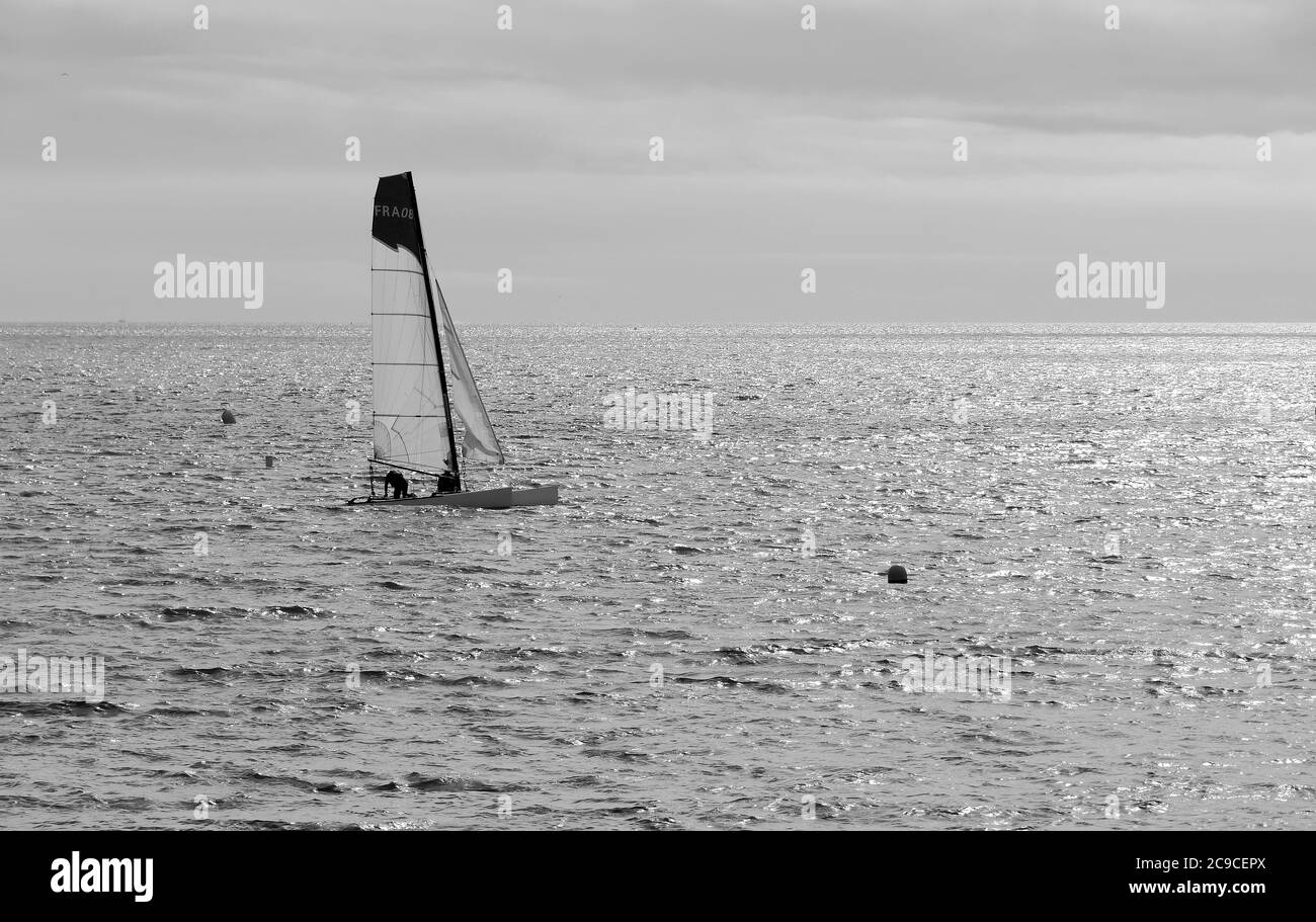 Pornichet, Loire-Atlantique, France - August 16 2018: Sailing on the Atlantic ocean, off Pornichet beach. Stock Photo