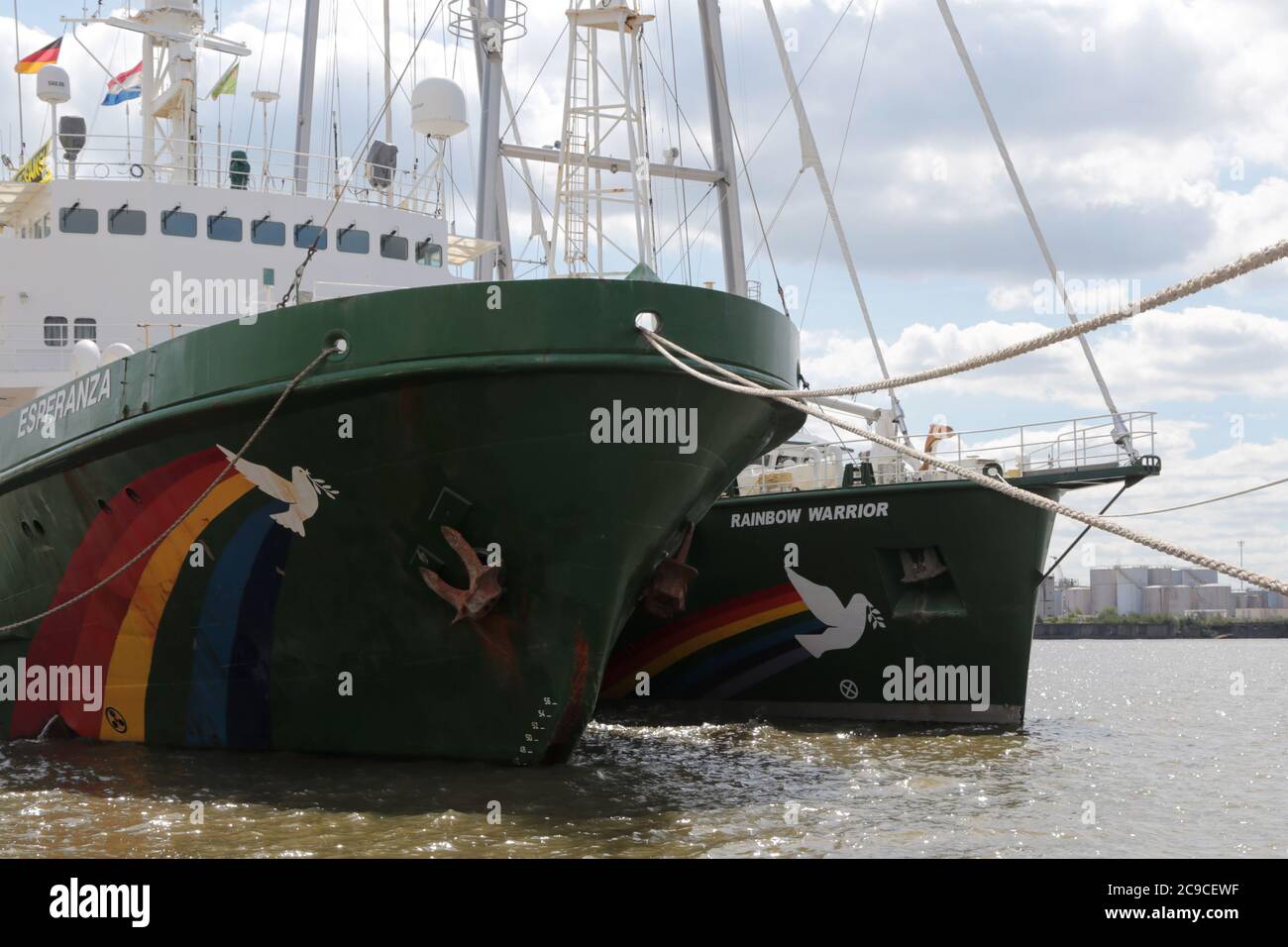 Hamburg, Germany, 07/30/2020. MY Esperanza and MY Rainbow Warrior III in Hamburg. Greenpeace starts action in the North Sea from Hamburg. Stock Photo