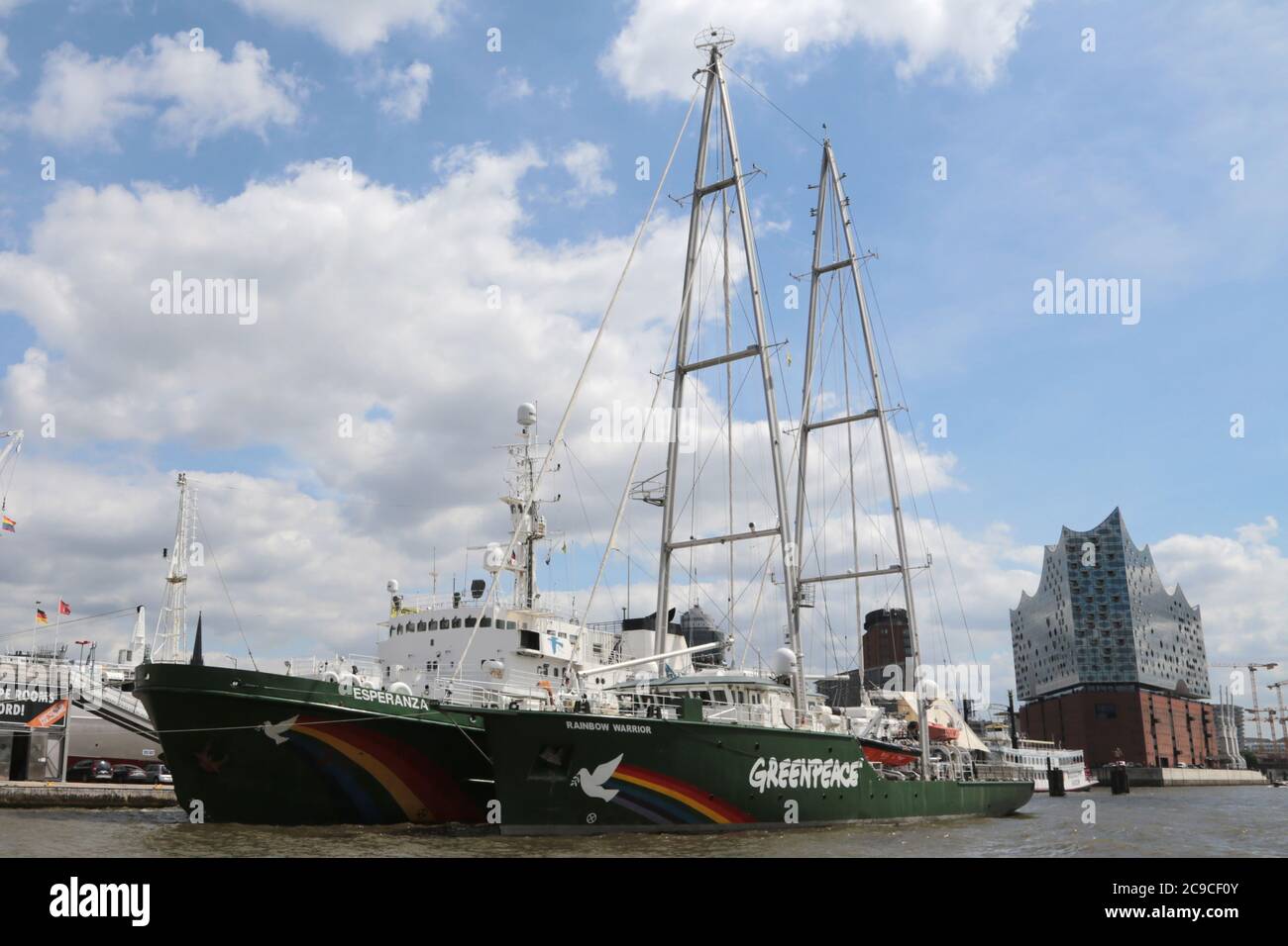 Hamburg, Germany, 07/30/2020. MY Esperanza and MY Rainbow Warrior III in Hamburg. Greenpeace starts action in the North Sea from Hamburg. Stock Photo