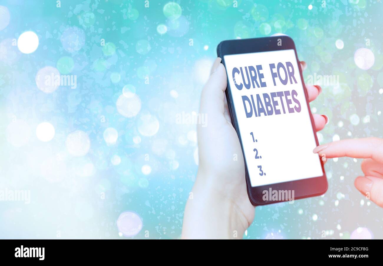 Text sign showing Cure For Diabetes. Business photo text looking for  medication through insulindependent Modern gadgets with white display  screen unde Stock Photo - Alamy