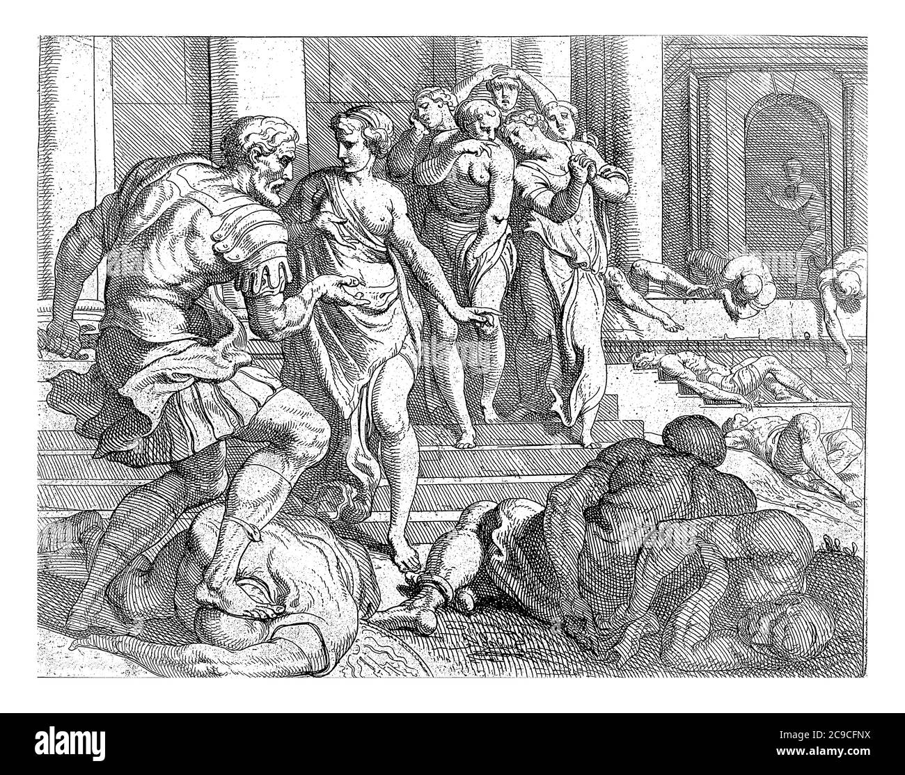 Punishment of the servants of Penelope, Odysseus, who killed the suitors of Penelope, orders his nurse Eurykleia to bring together all the unfaithful Stock Photo