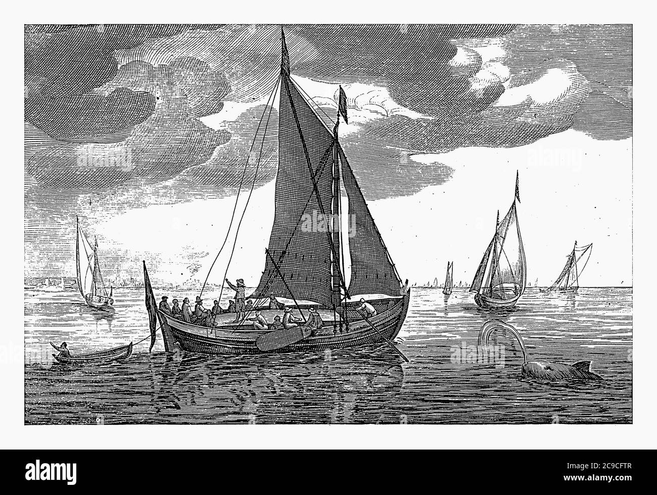 Heude or heu, Robert de Baudous (possibly), after Jan Porcellis, 1670 - 1726 A heude or heu on the water, vintage engraving. Stock Photo