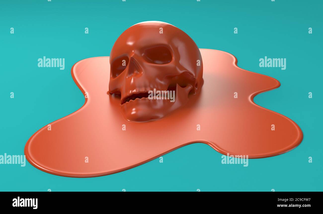 A sylised concept of a melting red human skull into a puddle of liquid on an aqua background - 3D render Stock Photo