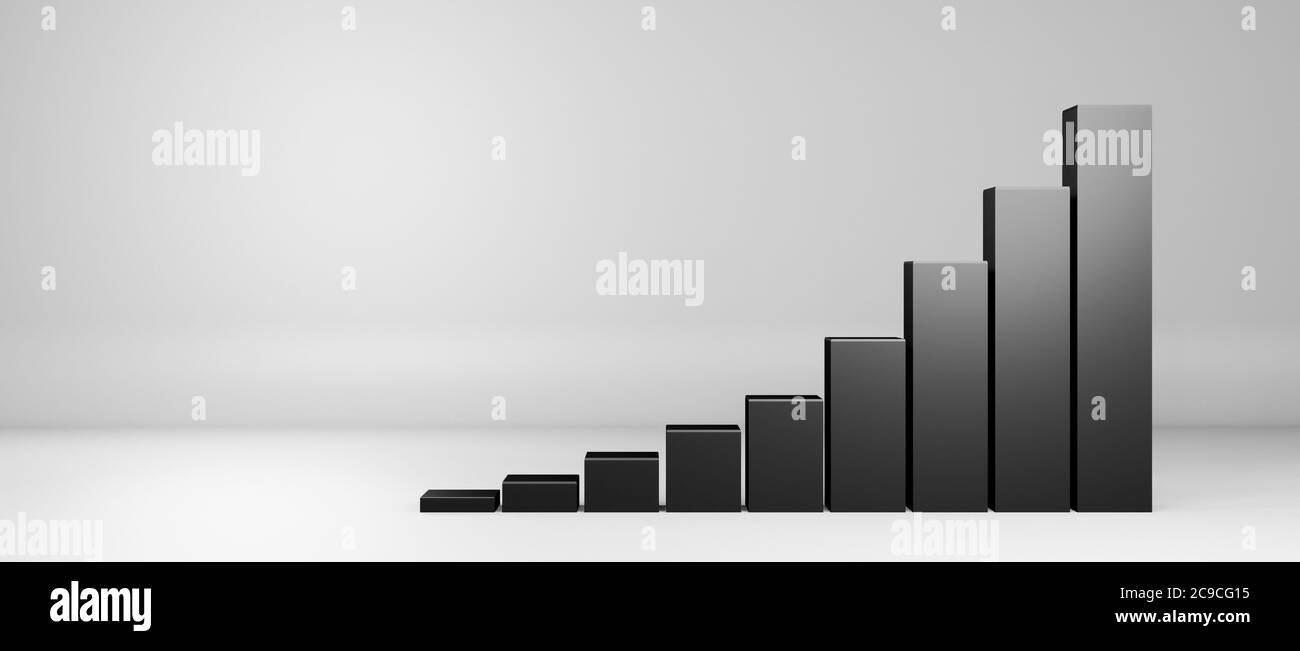 3D rendering of increasing progress and growing dark black grey bars or columns chart, corporate economic, financial or business concept, illustration Stock Photo