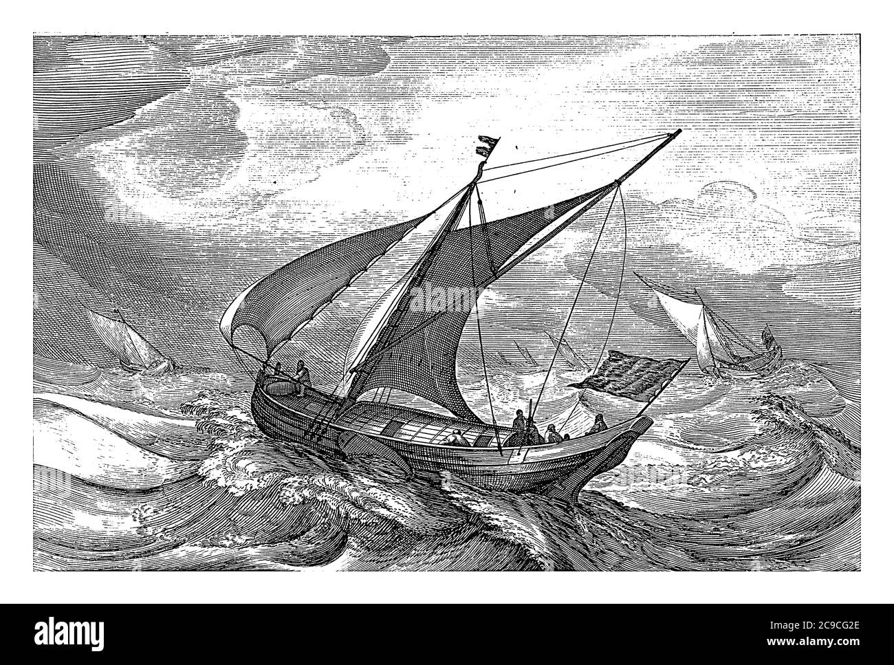 Frisian ferry ships, Robert de Baudous (possibly), after Jan Porcellis, 1670 - 1726 Frisian ferry ships at sea, vintage engraving. Stock Photo