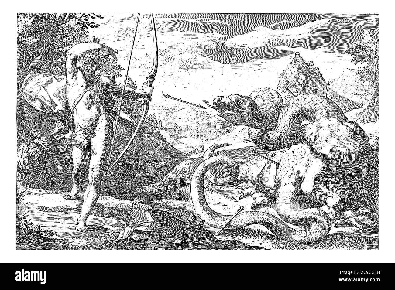 Apollo kills the giant snake Python (depicted here more like a dragon, with legs) with many arrows. A crocodile, sheep and deer are walking in the bac Stock Photo