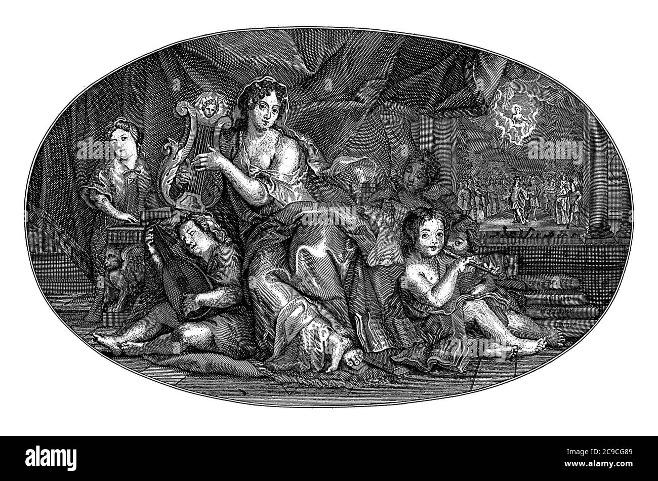 Ceiling piece with the personification of Music playing the lyre. Also the portrait of Madame de Maintenon, vintage engraving. Stock Photo