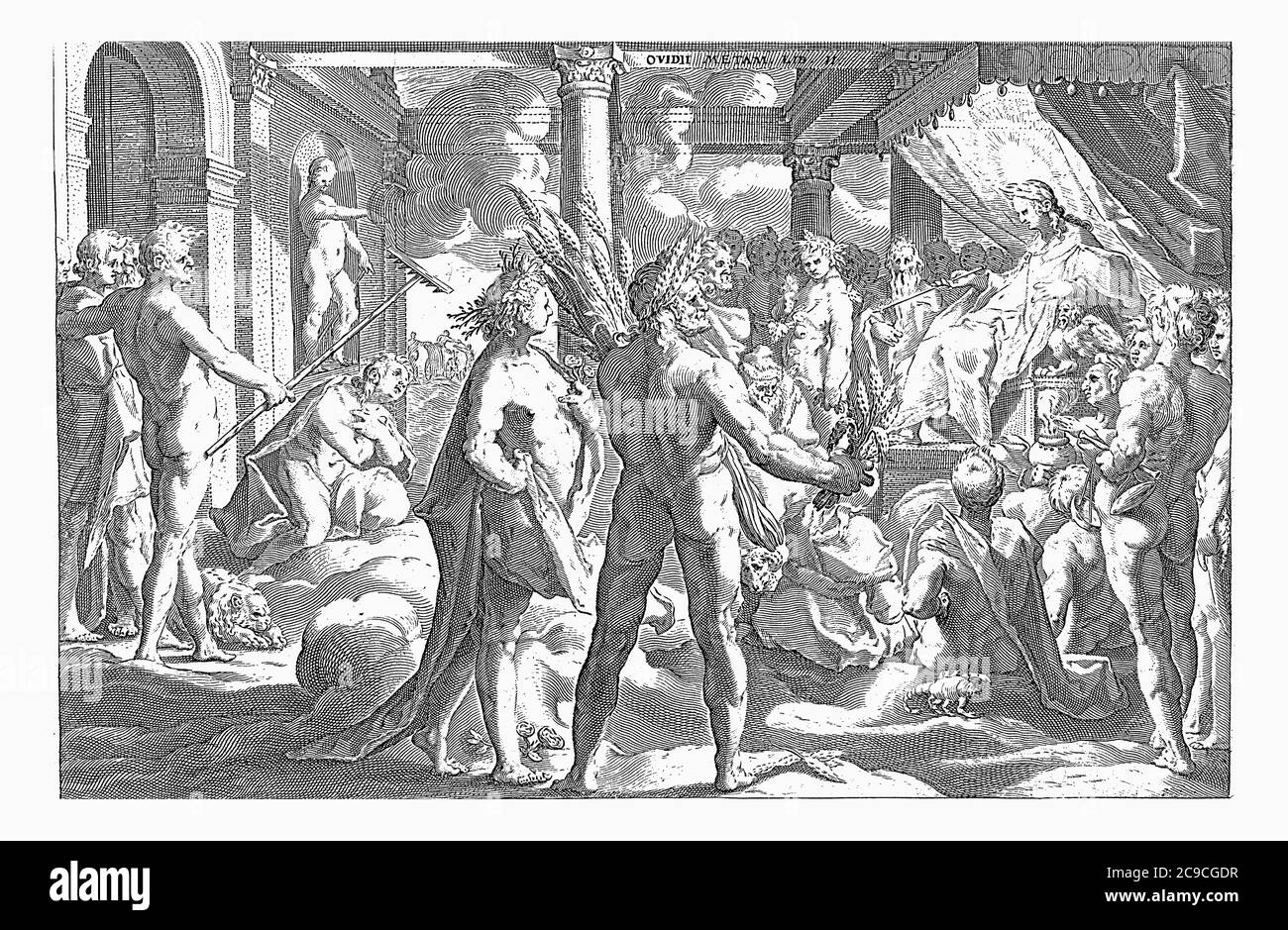 In the palace of the sun god Helios, Phaeton asks for proof that the sun god is his father, vintage engraving. Stock Photo