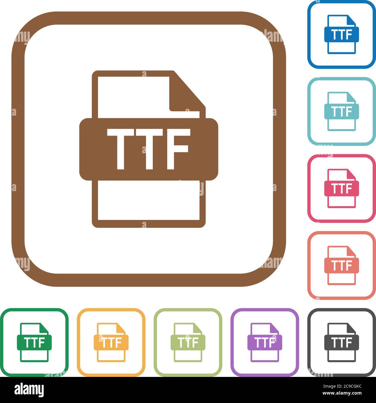 TTF file format simple icons in color rounded square frames on white background Stock Vector