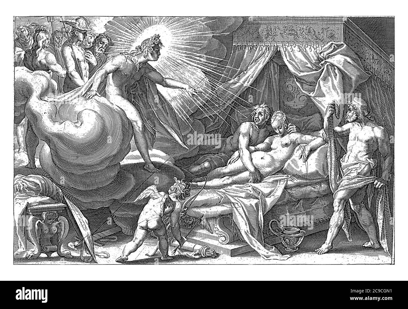 Mars and Venus are lying in bed together. Helios or Apollo, appearing on a cloud at the foot end, stretches an accusing finger at them, vintage engrav Stock Photo