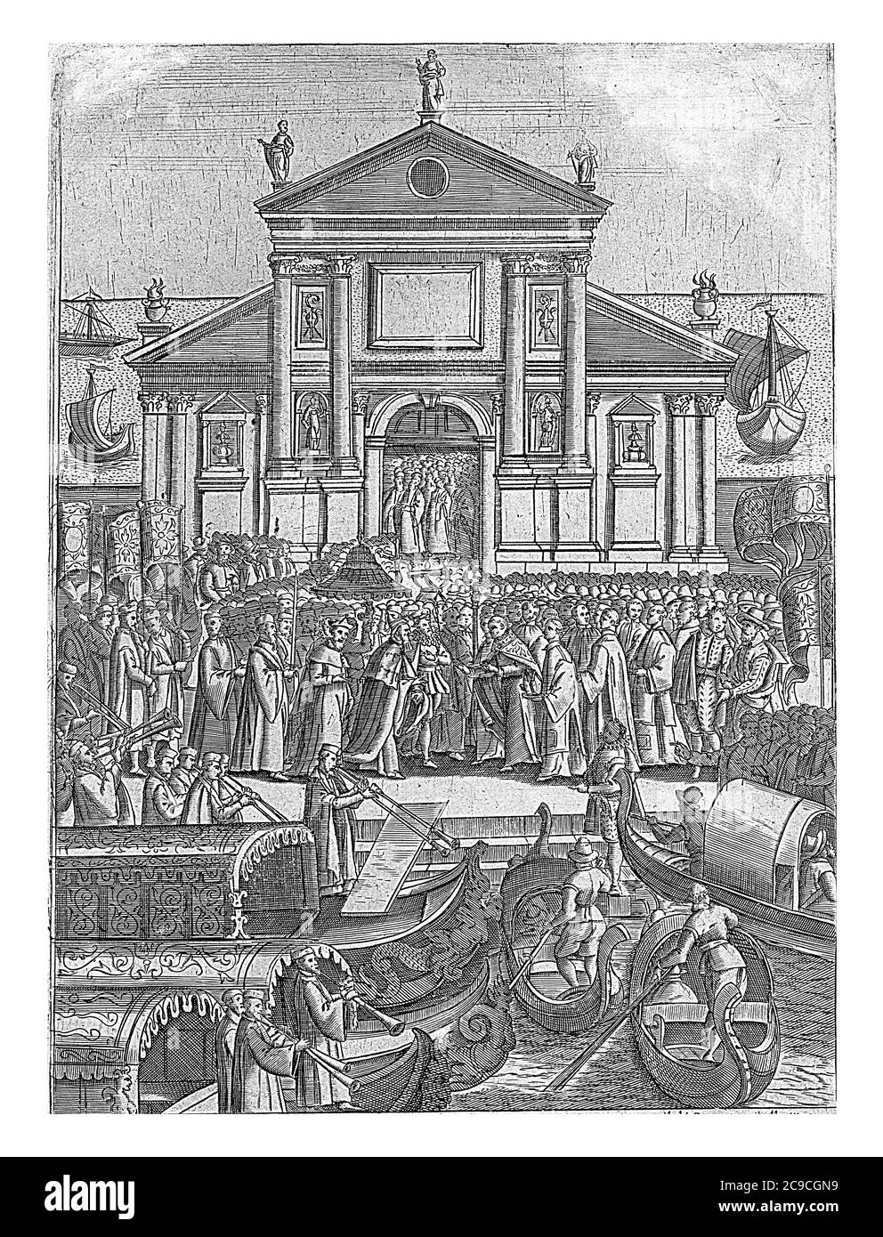 In front of the Church of San Giorgio Maggiore in Venice, the Doge and the Serenissima Signoria, the board of Venice, stand, vintage engraving. Stock Photo