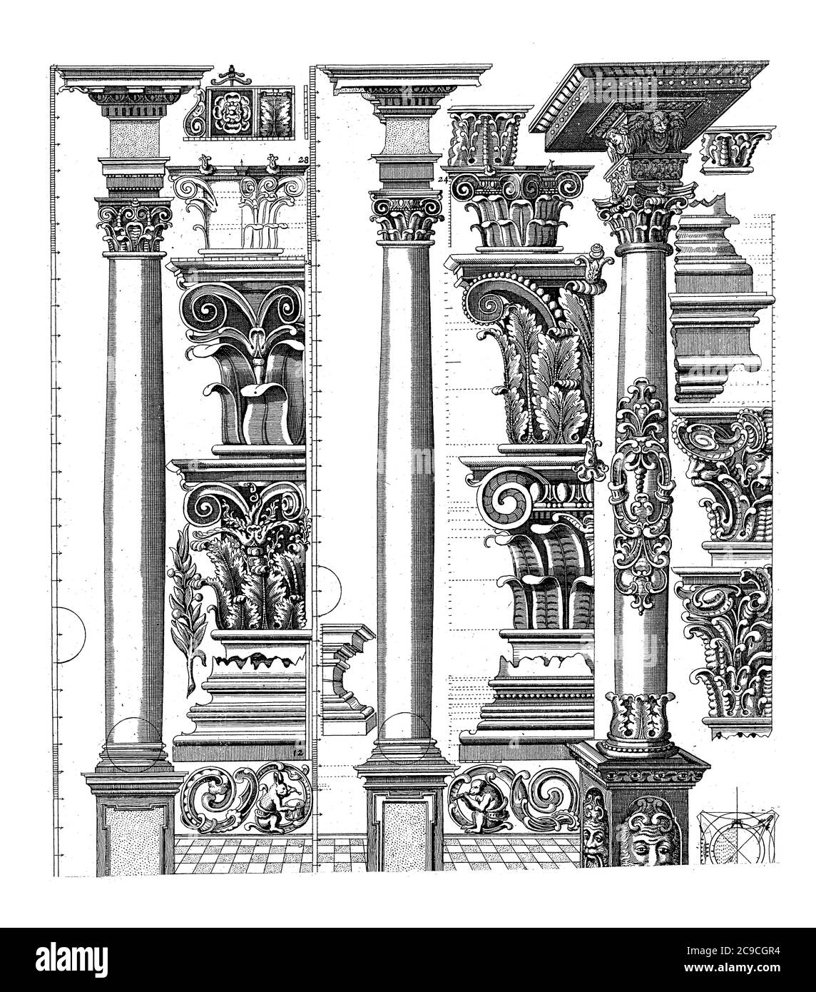 Columns of the Corinthian and Composite Order. There are three pillars on one foot. To the right of each column, capitals and other ornaments are stac Stock Photo