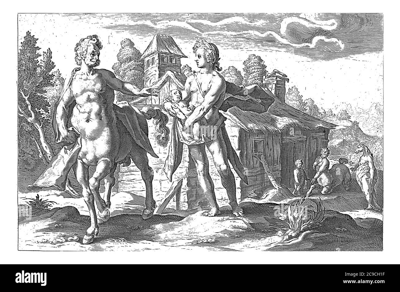 Apollo hands his child Asclepius, who he cut out of Coronis' belly after shooting her, to the centaur Chiron, vintage engraving. Stock Photo
