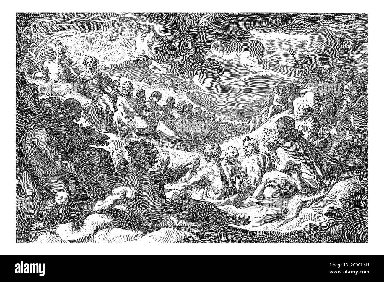 Jupiter summons the gods meeting to take action against sin on earth. The gods have gathered at Jupiter in the back left, vintage engraving. Stock Photo