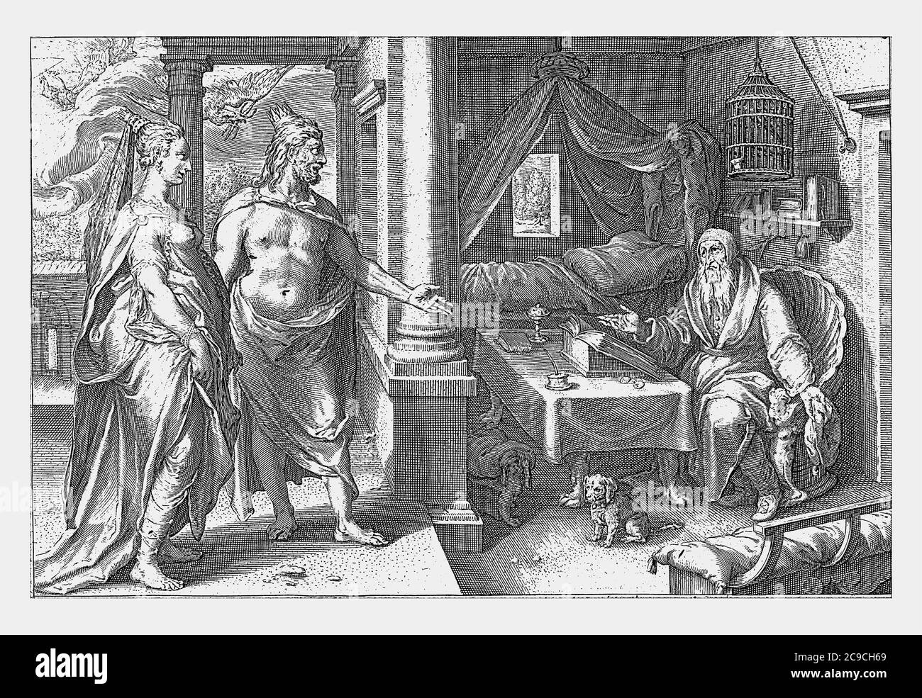 Juno and Jupiter disagree on the answer to the question of which of the sexes is more lust for love, vintage engraving. Stock Photo