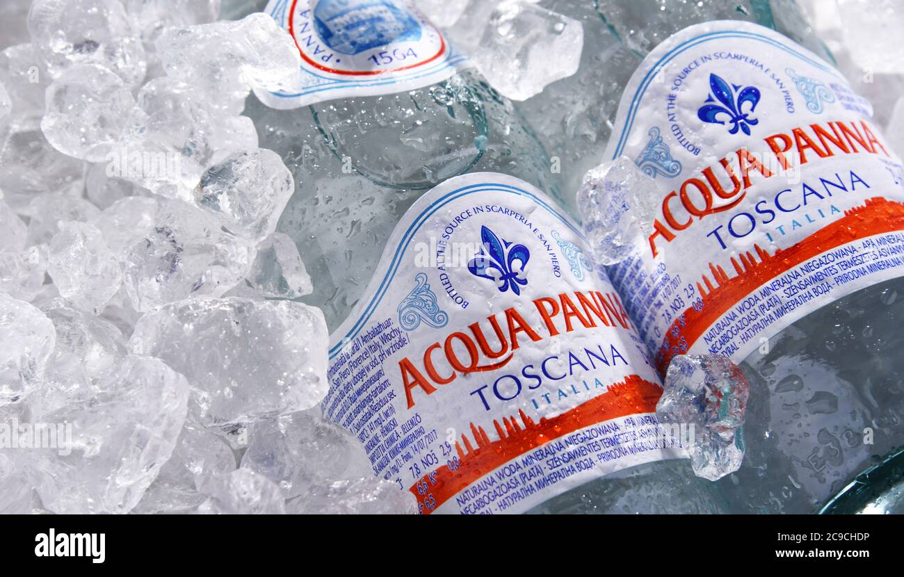 POZNAN, POL JUL 02, 2020 Bottles of Acqua Panna, an Italian brand of