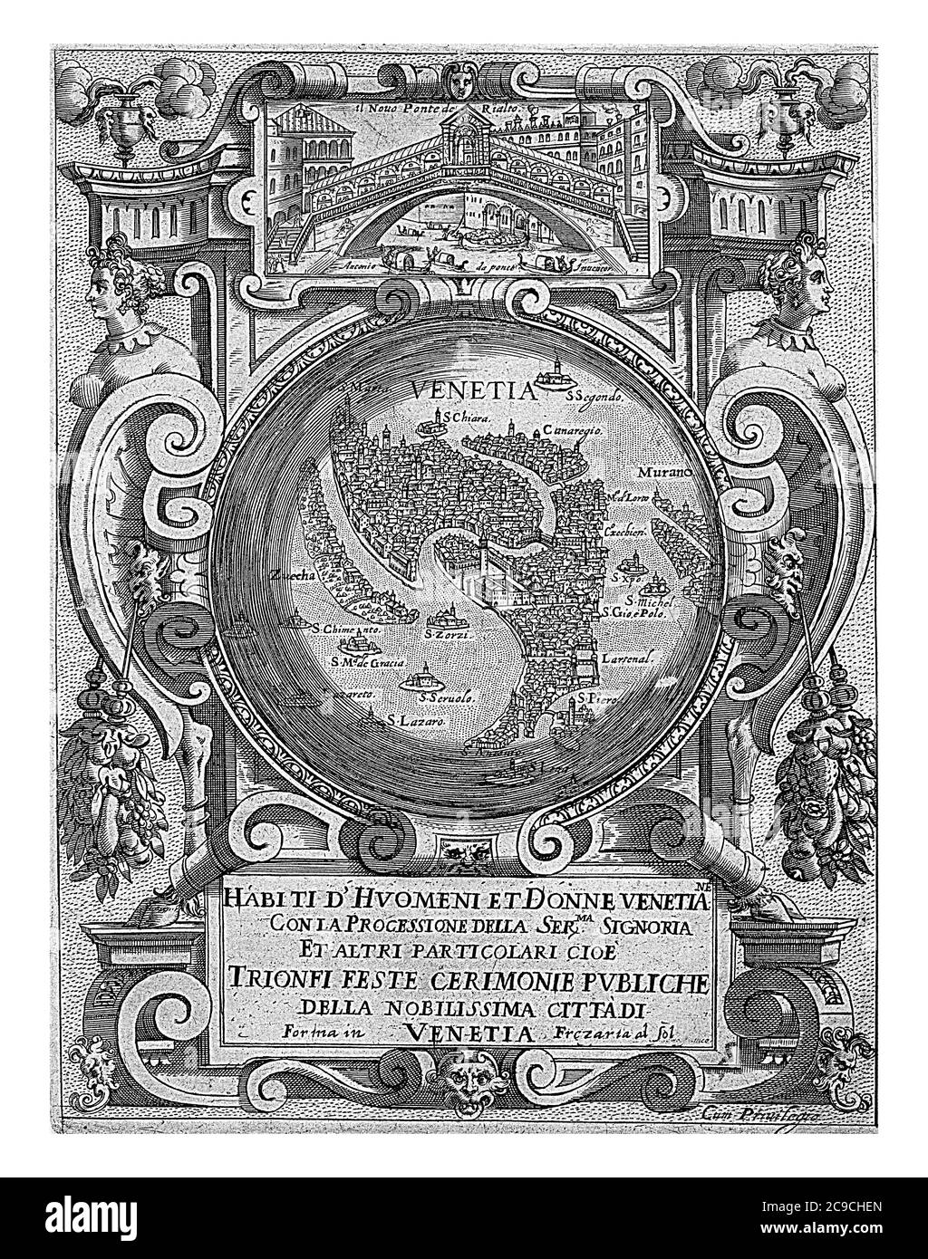 Title print with the Rialto Bridge in Venice, a map of Venice and the title, summarized in an ornamented frame, vintage engraving. Stock Photo