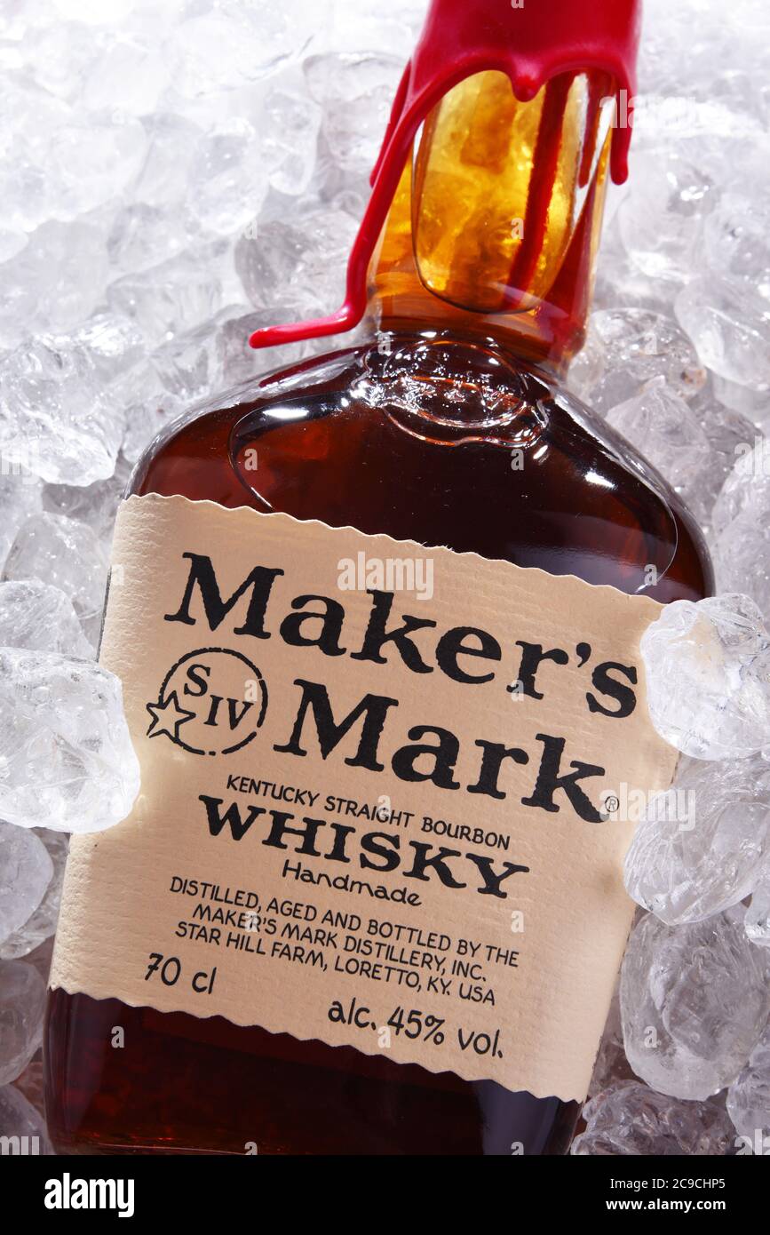 POZNAN, POL - JUL 02, 2020: Bottle of Maker's Mark, a small-batch bourbon whiskey produced in Loretto, Kentucky, by Beam Suntory Stock Photo