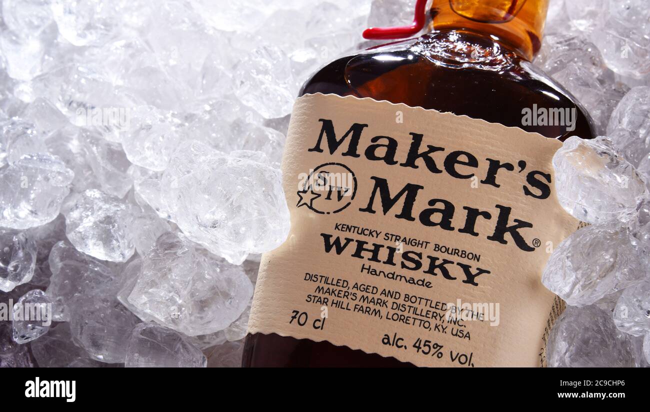 POZNAN, POL - JUL 02, 2020: Bottle of Maker's Mark, a small-batch bourbon whiskey produced in Loretto, Kentucky, by Beam Suntory Stock Photo