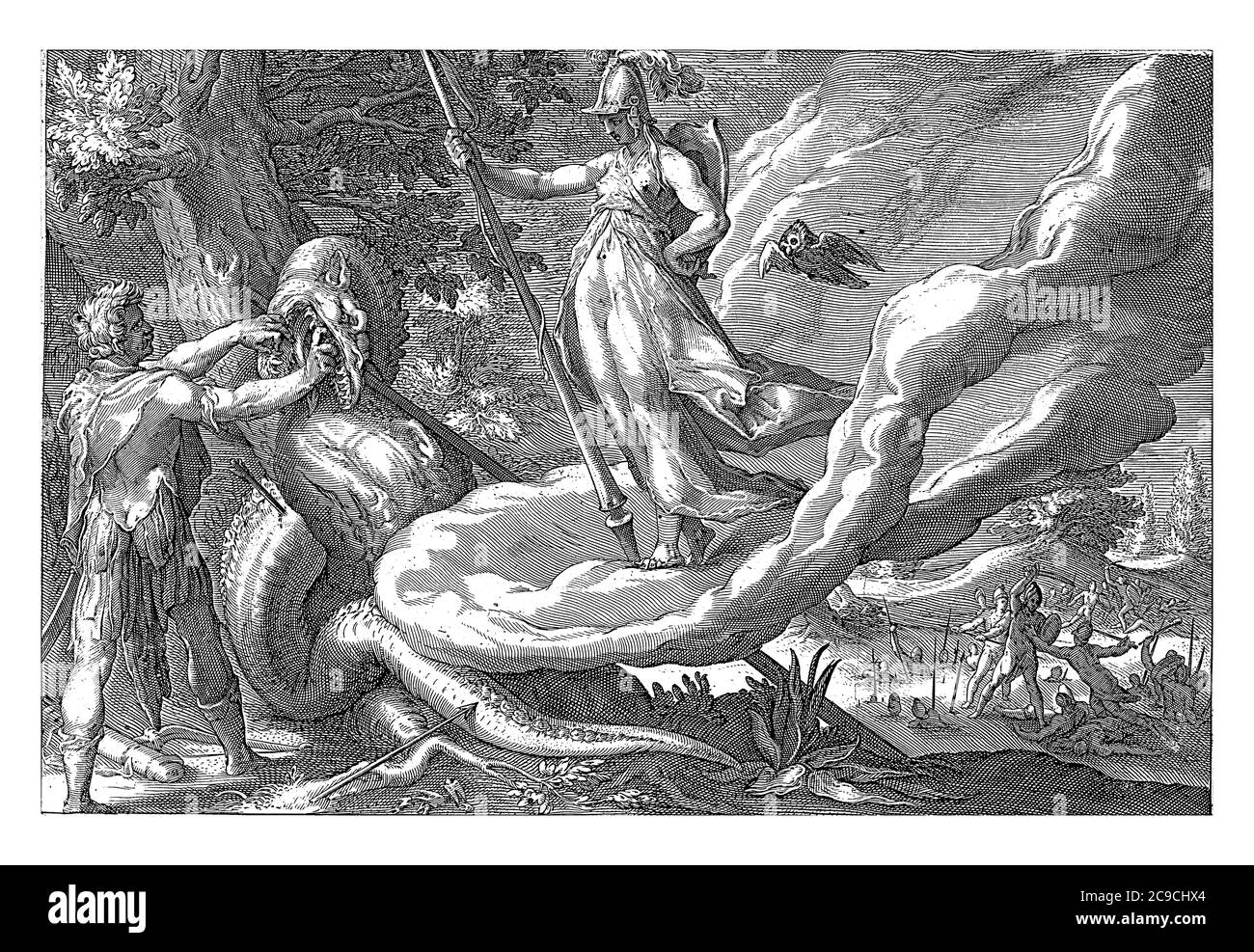 Minerva instructs Cadmus to sow the dragon teeth he has just killed. On the left, Cadmus pulls the dragon's teeth out of its mouth, vintage engraving. Stock Photo