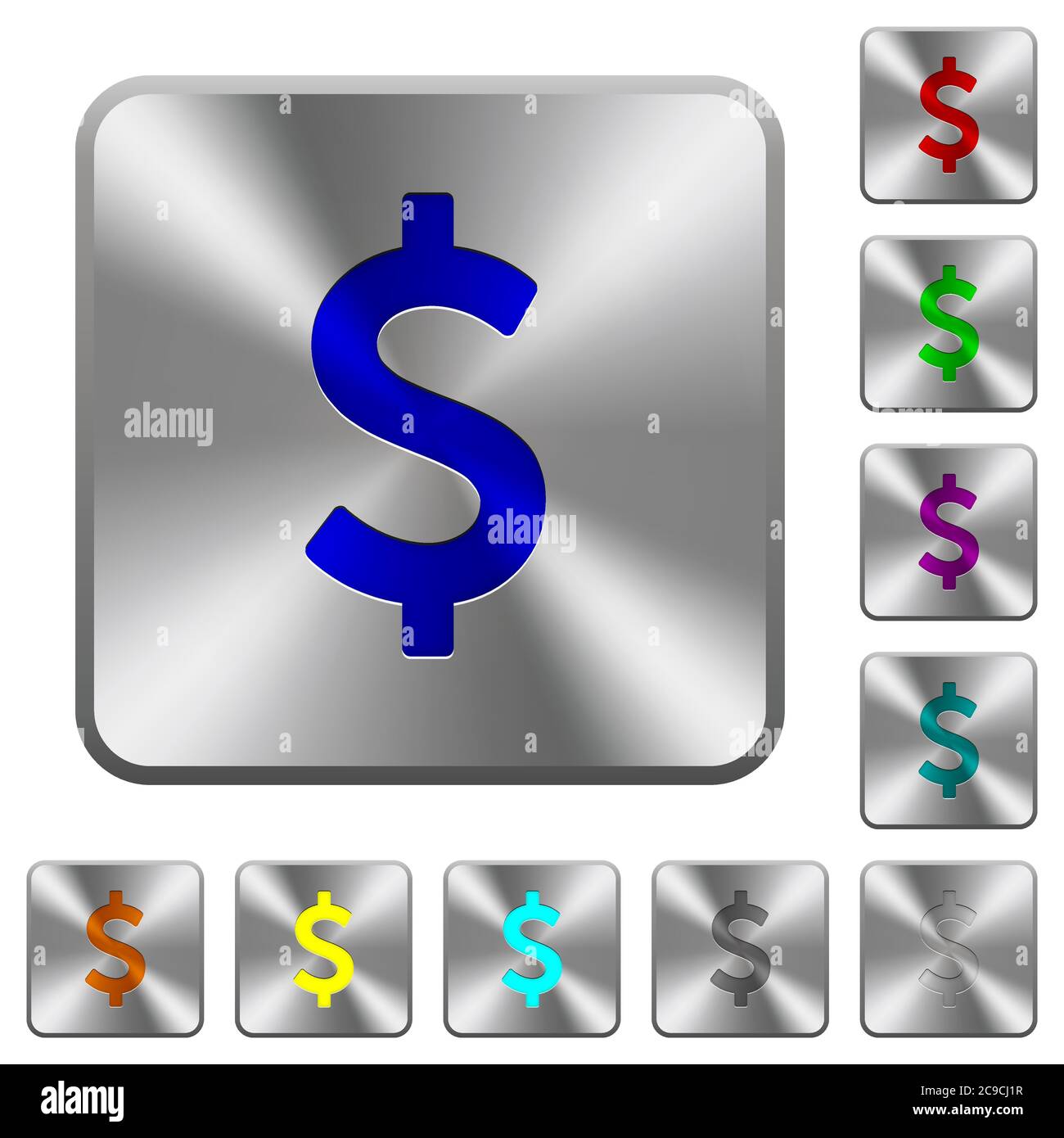 Dollar sign engraved icons on rounded square glossy steel buttons Stock ...