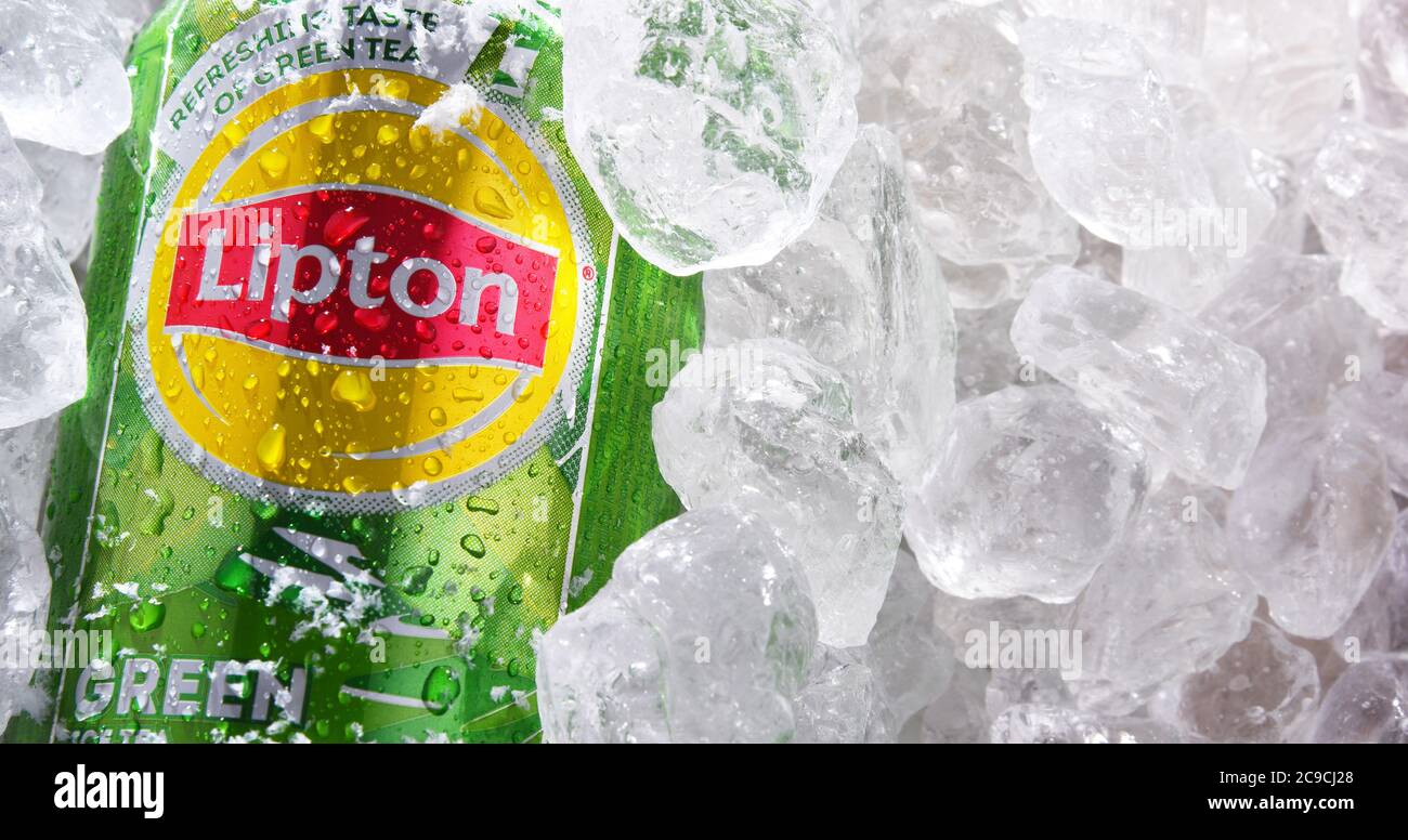 POZNAN, POL JUN 18, 2020 Can of Lipton Ice Tea, a soft drink brand