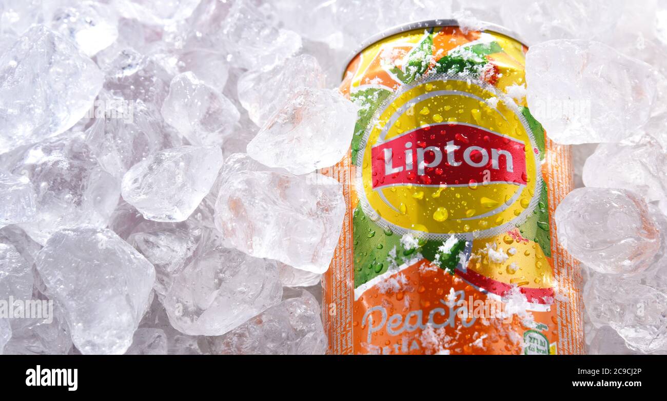 POZNAN, POL JUN 18, 2020 Can of Lipton Ice Tea, a soft drink brand