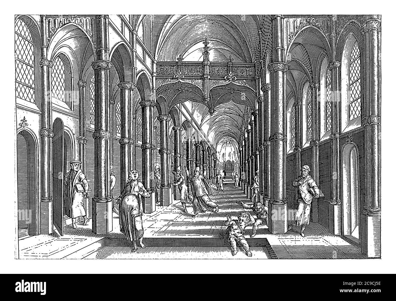 Interior of a Church with Christ Chasing the Clergy, vintage engraving. Stock Photo