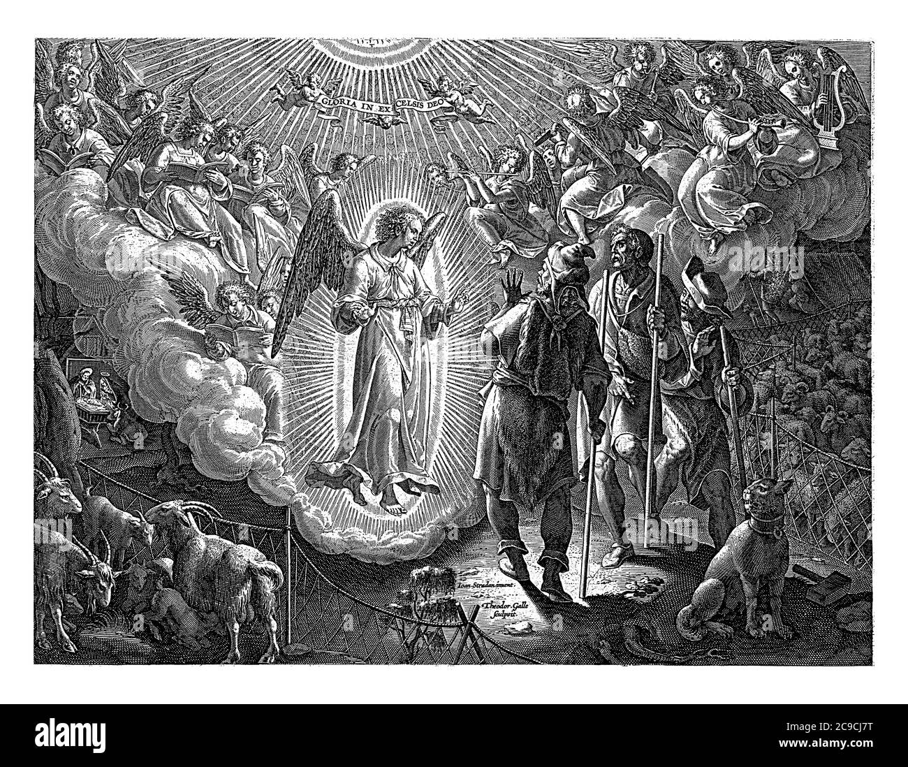 An angel in radiant light announces the birth of Christ to three shepherds, depicted at the left rear, vintage engraving. Stock Photo
