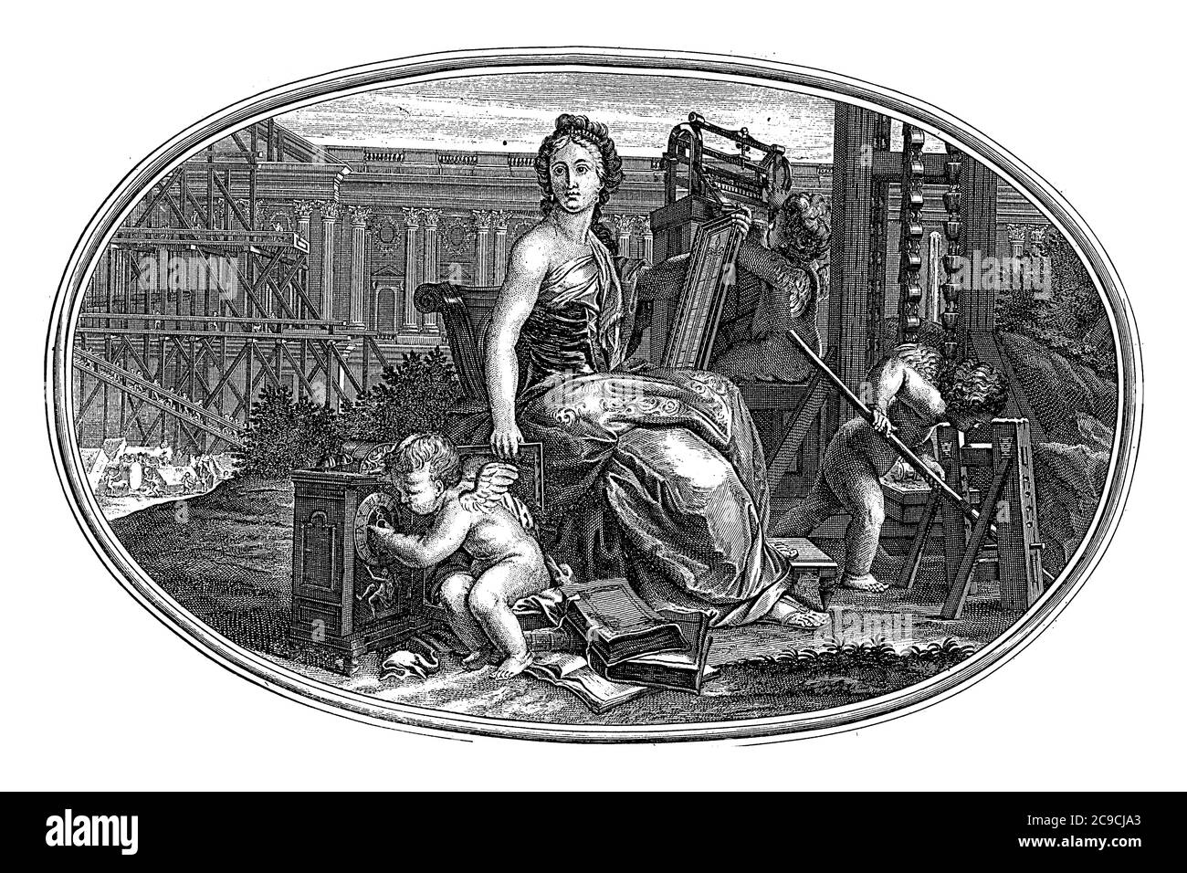 Ceiling piece with the personification of Mechanica. She sits with a yardstick in the middle of constructions and construction activities. Next to her Stock Photo