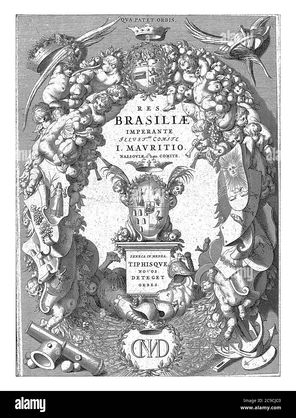 The coat of arms of Brazil border edging of putti, fruit and vegetables and weapons. At the top the coat of arms of Johan Maurits, Count of Nassau-Sie Stock Photo