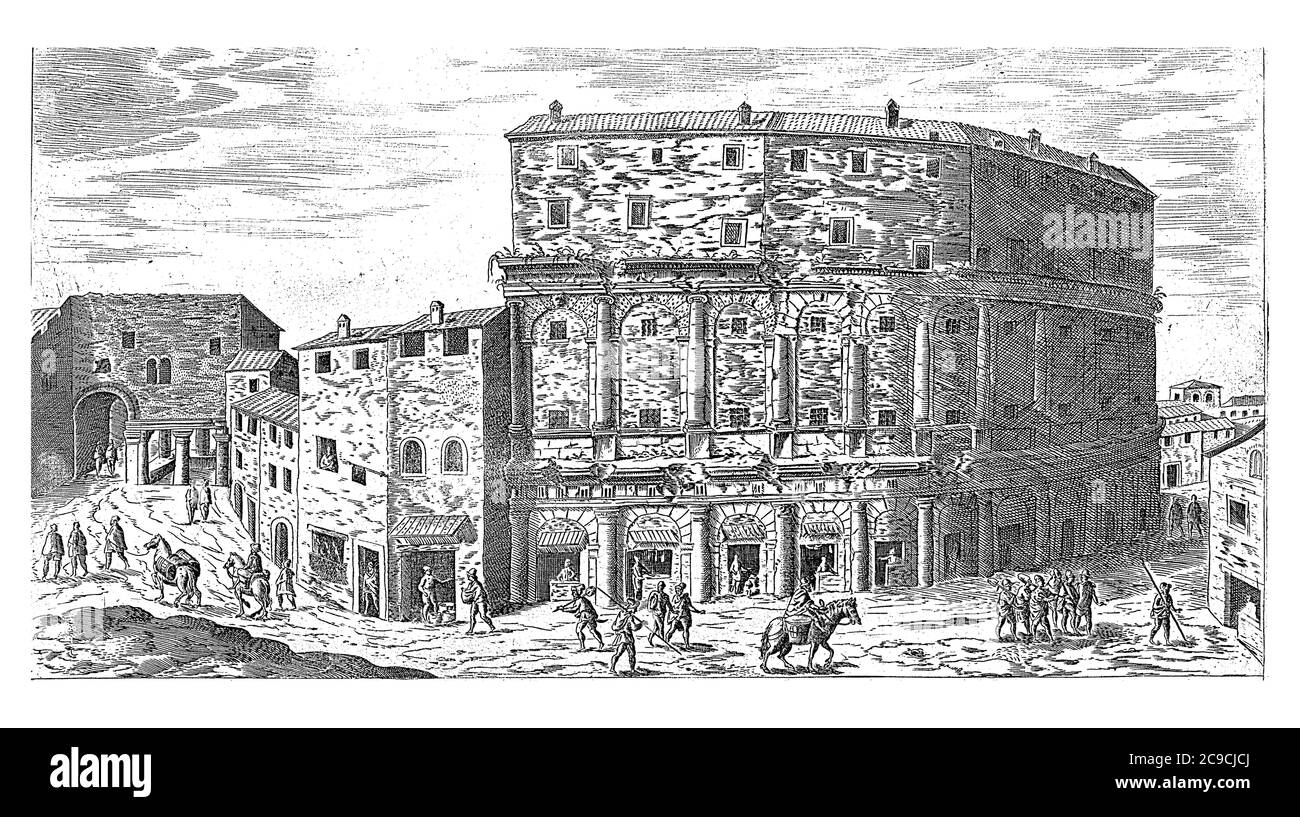 Marcellus Theater in Rome, Etienne Duperac, 1575 View of the remains of the Marcellus Theater in Rome, vintage engraving. Stock Photo