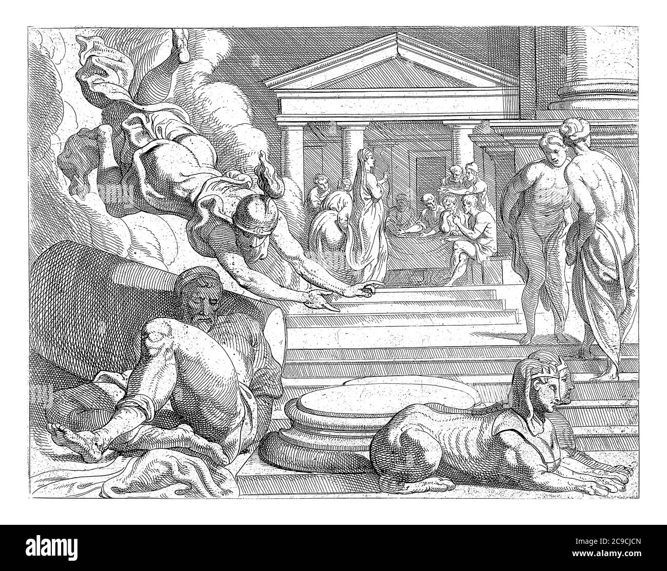 Minerva urges Odysseus to ask for the arch, Minerva visits the sleeping Odysseus and urges him to go to the palace and stretch the arch, vintage engra Stock Photo