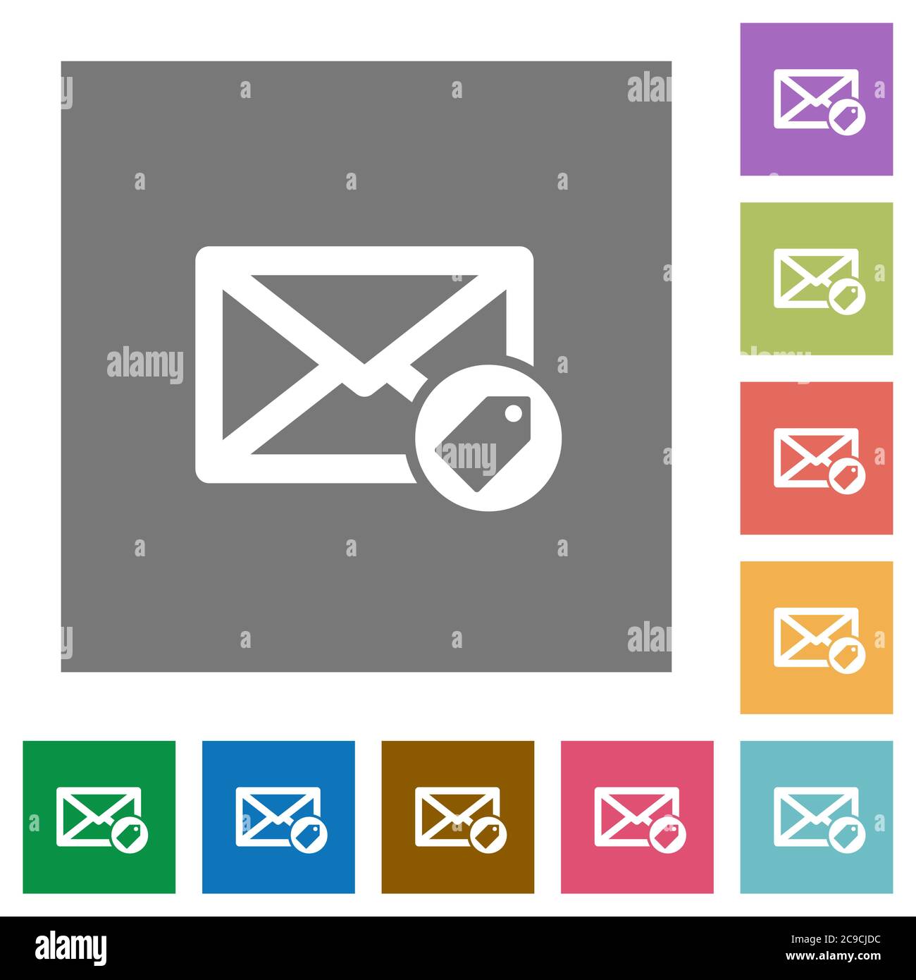 Tagging mail flat icons on simple color square backgrounds Stock Vector