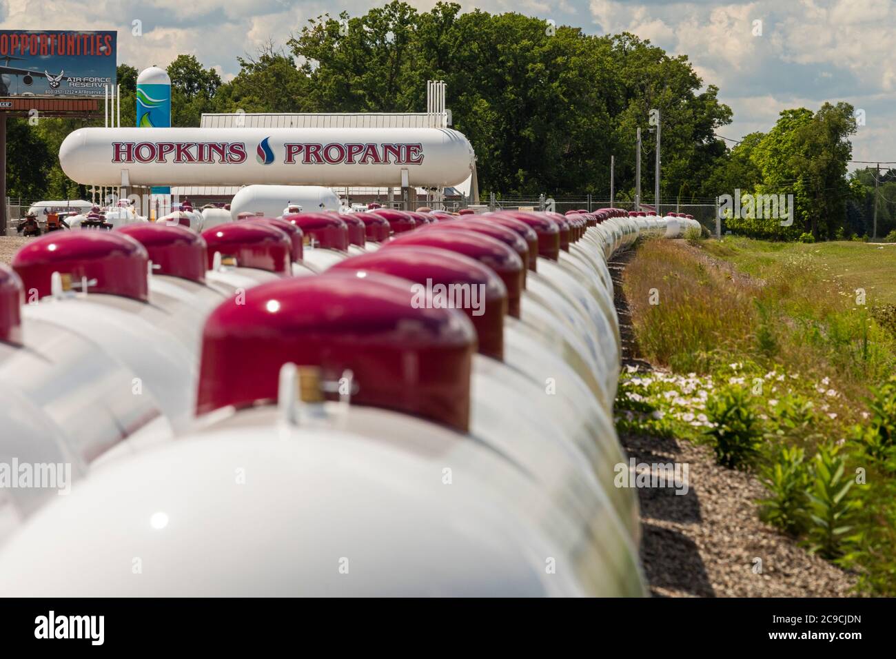 Shelbyville, Michigan - Propane tanks stored at a propane supplier in rural Michigan. Stock Photo