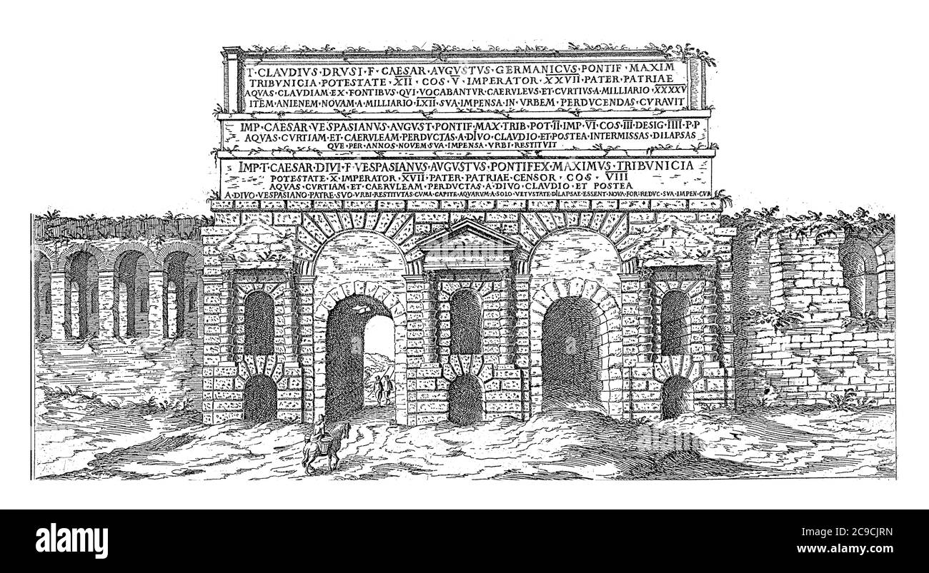Porta Maggiore in Rome, Etienne Duperac, 1575 View of the Porta Maggiore in the Aurelian Wall in Rome, vintage engraving. Stock Photo