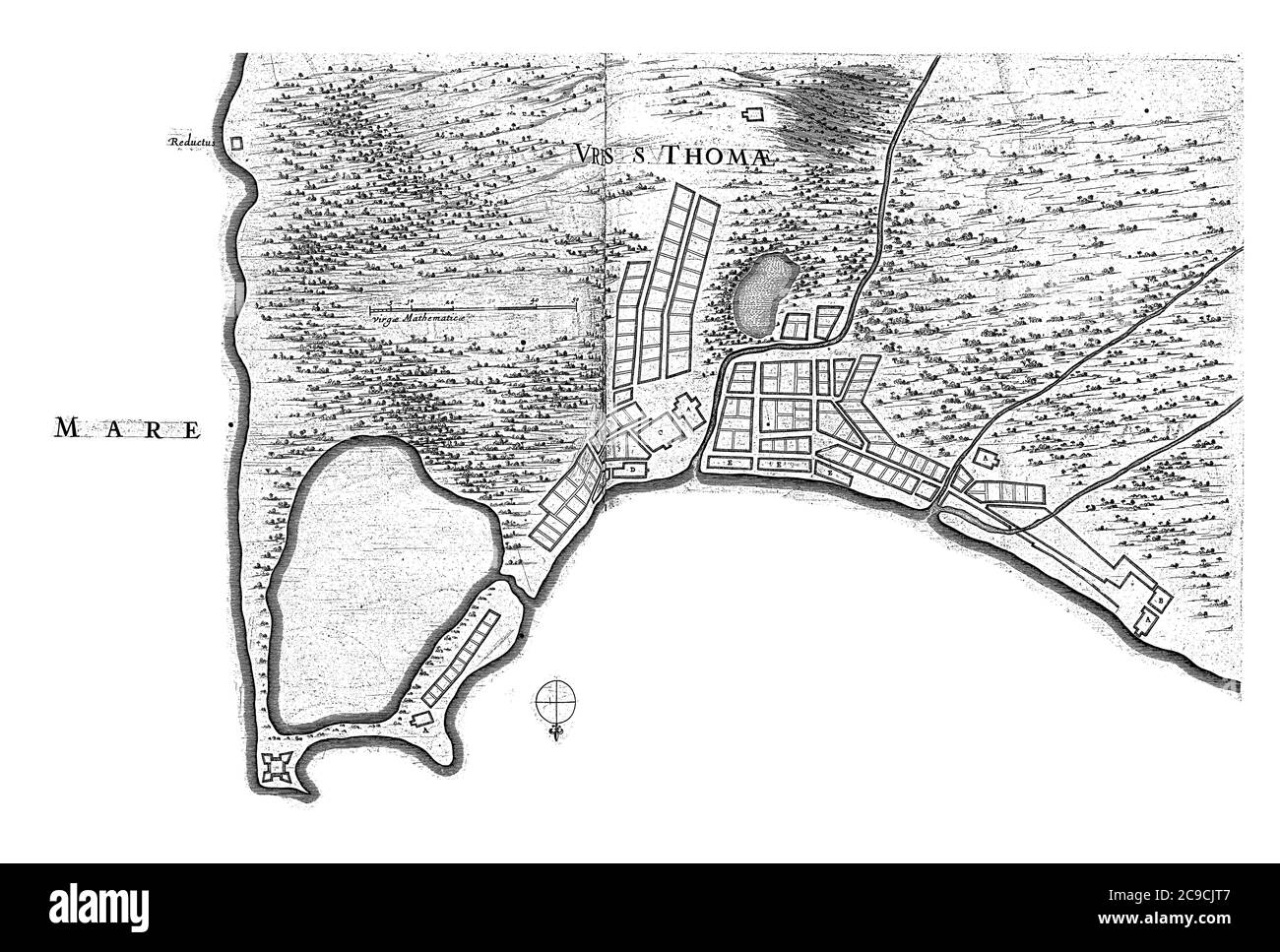Map of the city of Sao Tome on the island of Sao Tome, The island has been conquered by a Dutch fleet of the WIC commanded by Cornelis Cornelisz Jol, Stock Photo