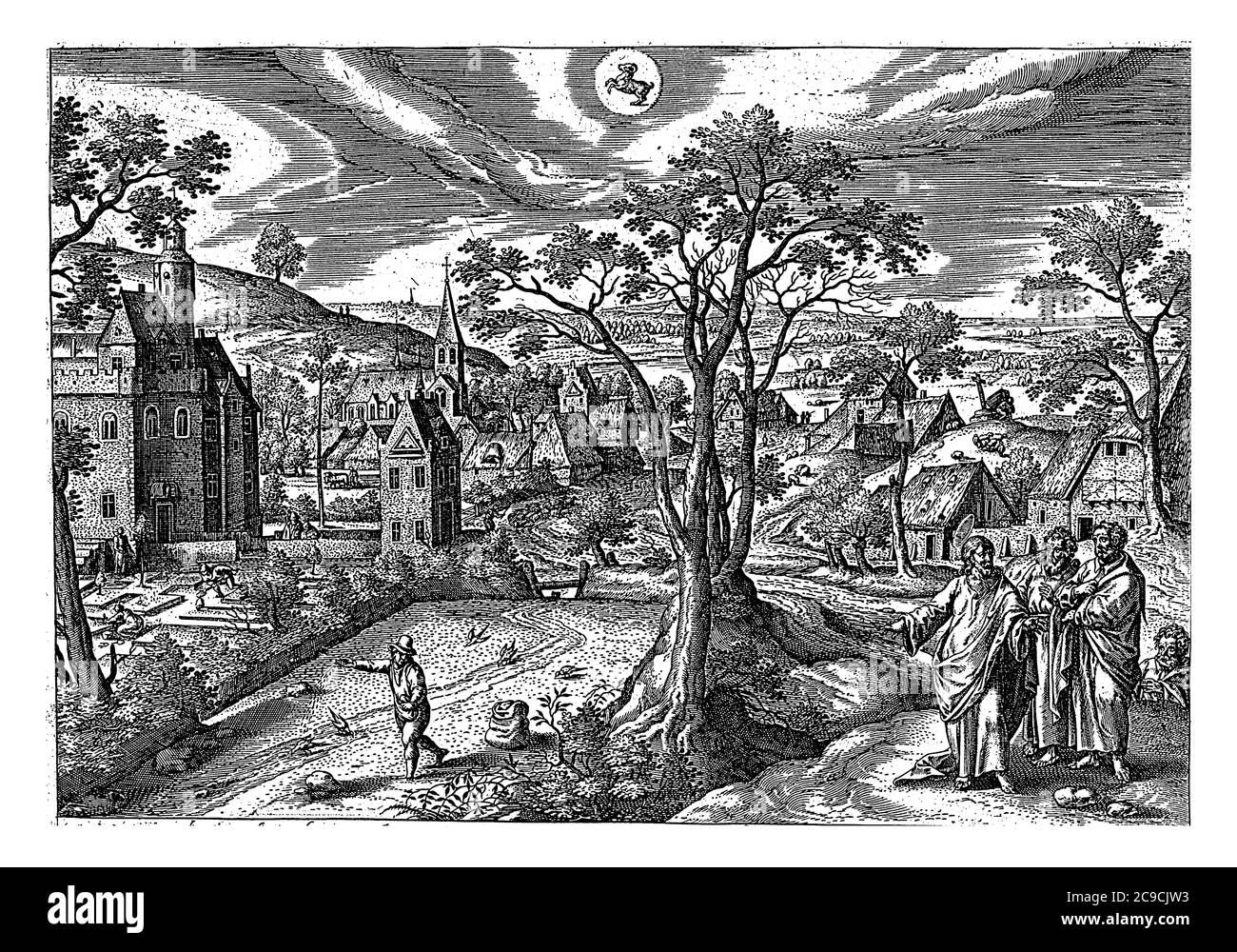 Above center the sign of the zodiac Aries. In the foreground is Christ pointing three men to a sower in the field. Birds follow him and eat the seed, Stock Photo