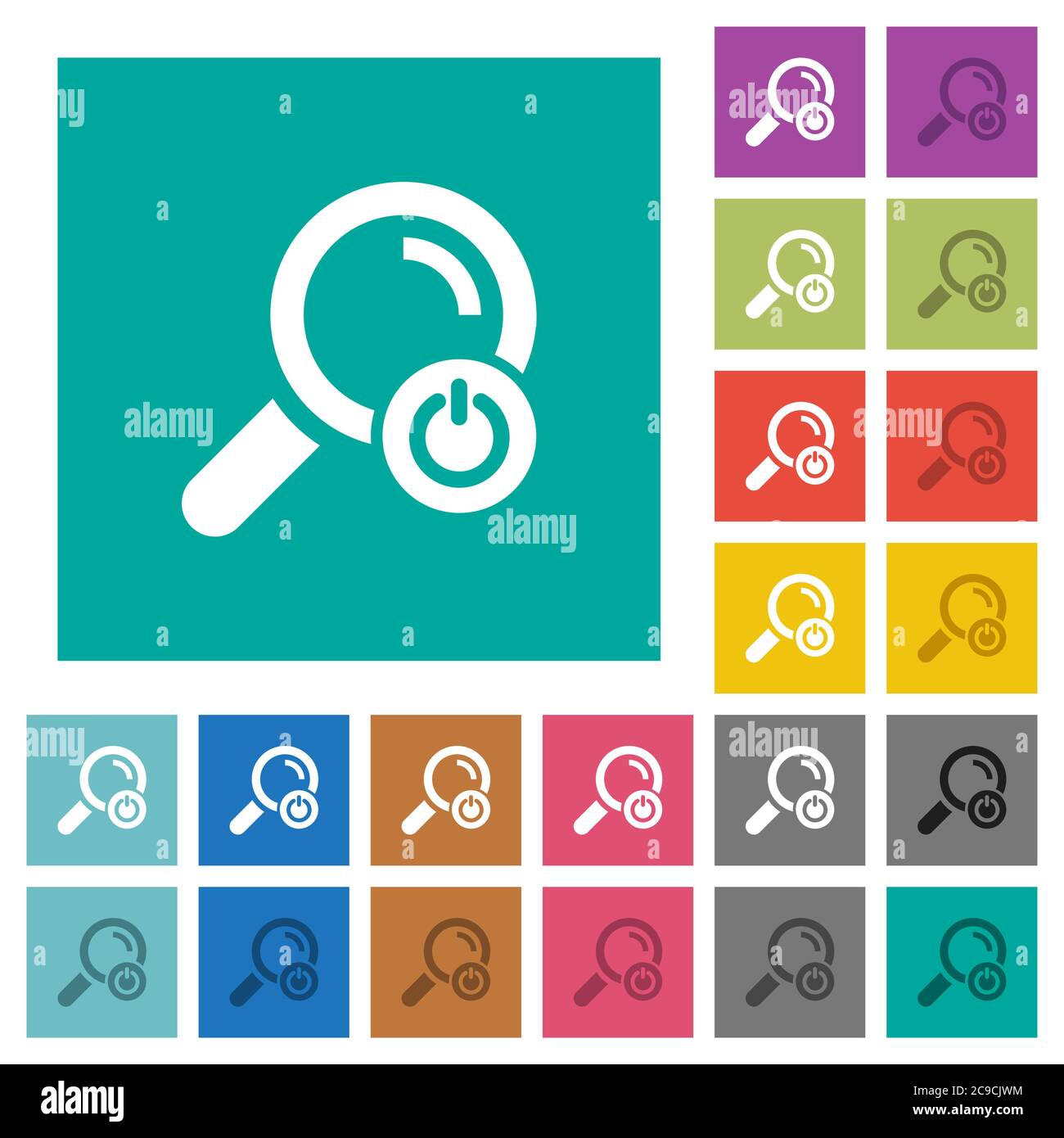 Exit from search multi colored flat icons on plain square backgrounds. Included white and darker icon variations for hover or active effects. Stock Vector