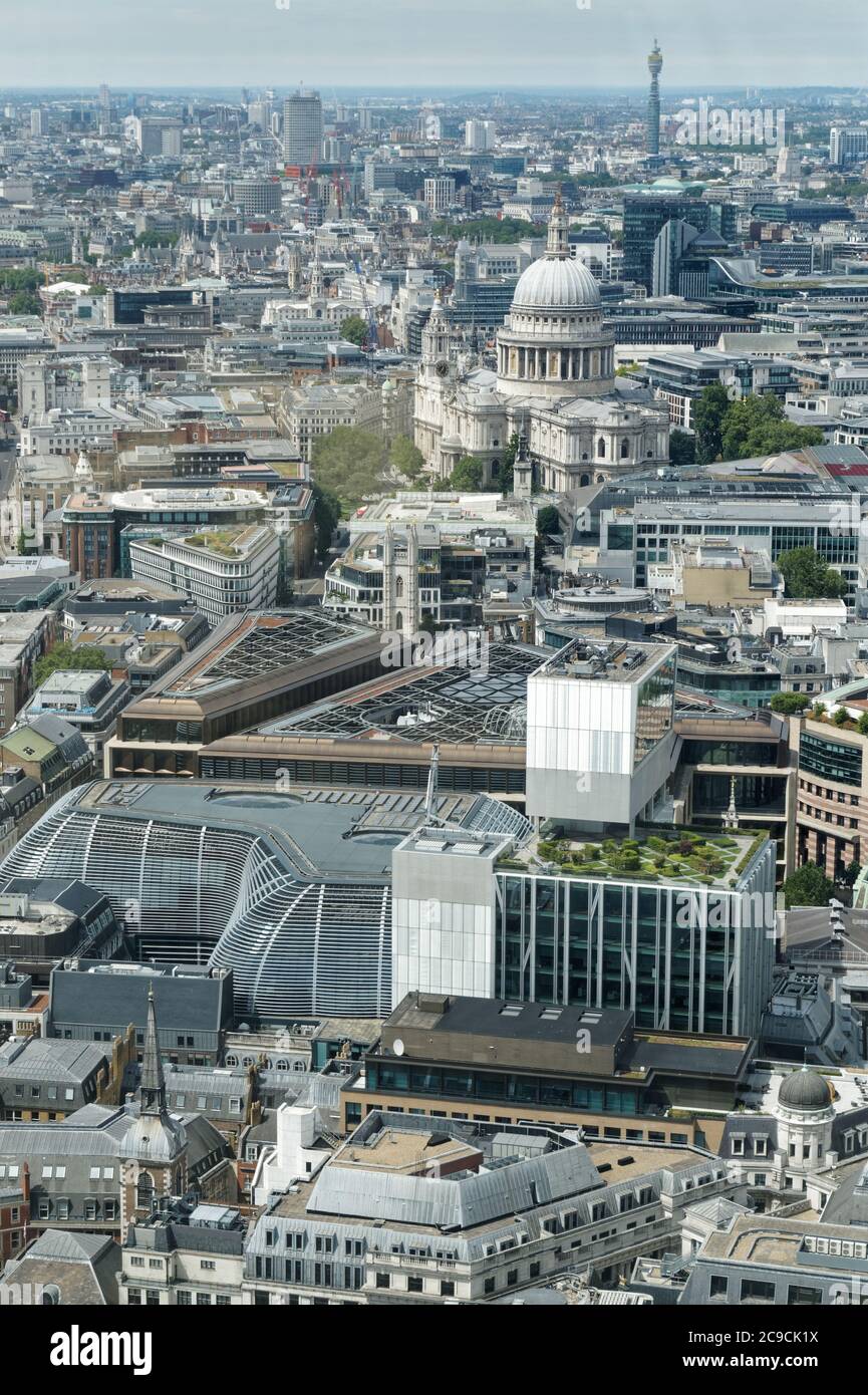 Aerial shot of London with the London Mithraeum, St. Paul's Cathedral, and BT Tower, etc. Stock Photo